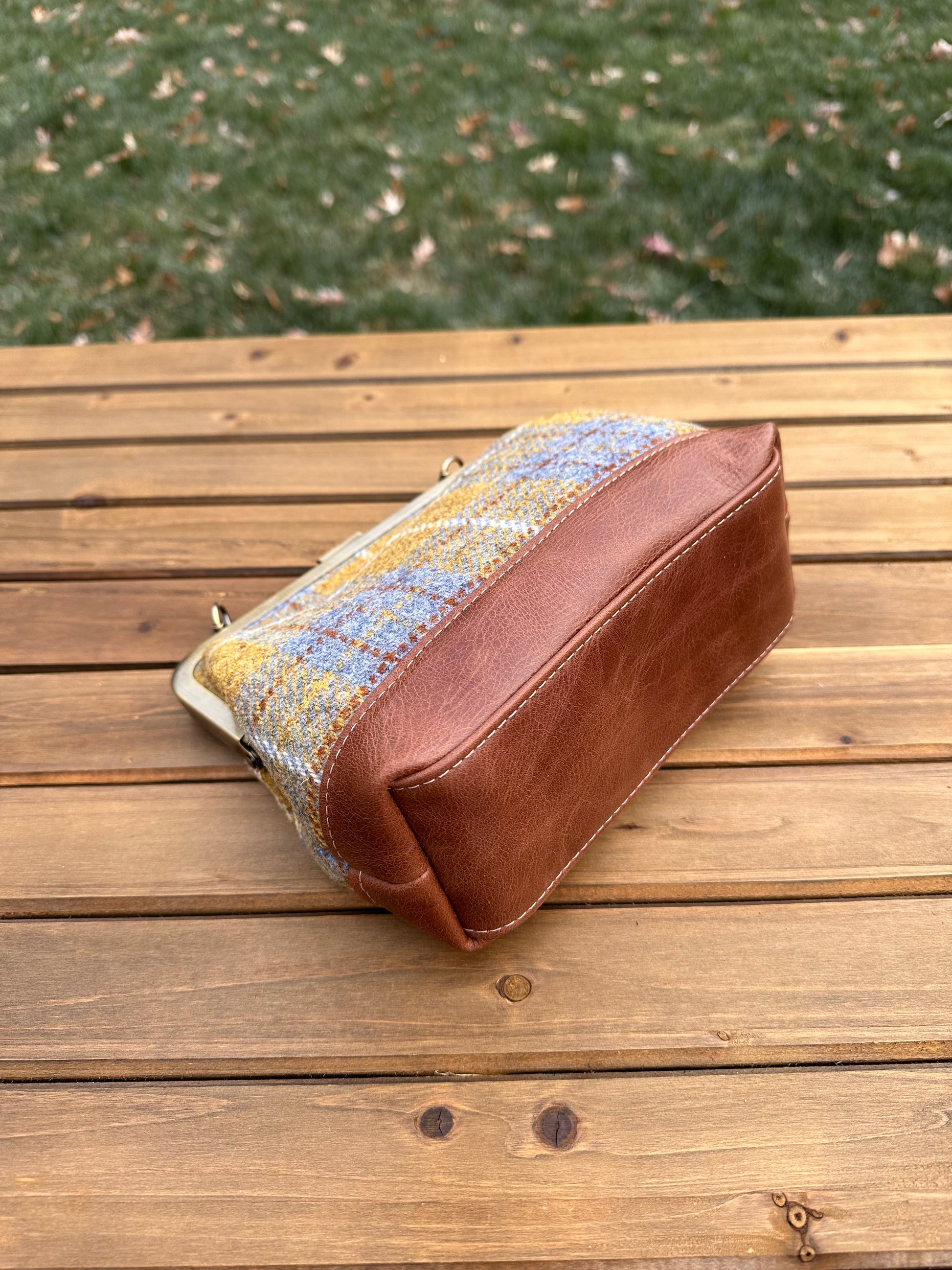 Yellow and Blue Plaid Harris Tweed® with Brandy Leather and Bronze Princess Anne Kiss Lock SquiresCanvasCreations.com
