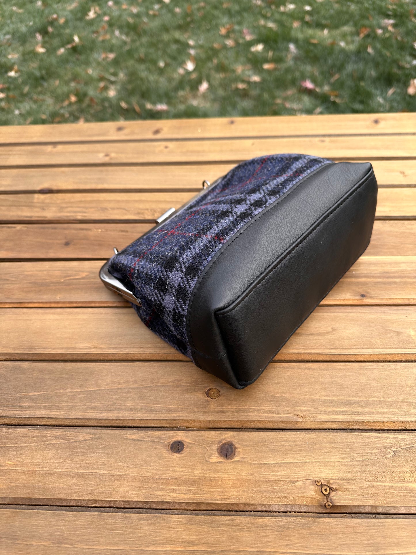 Navy Black and Gray Harris Tweed® with Black Leather and Gun Metal Princess Anne Kiss Lock SquiresCanvasCreations.com