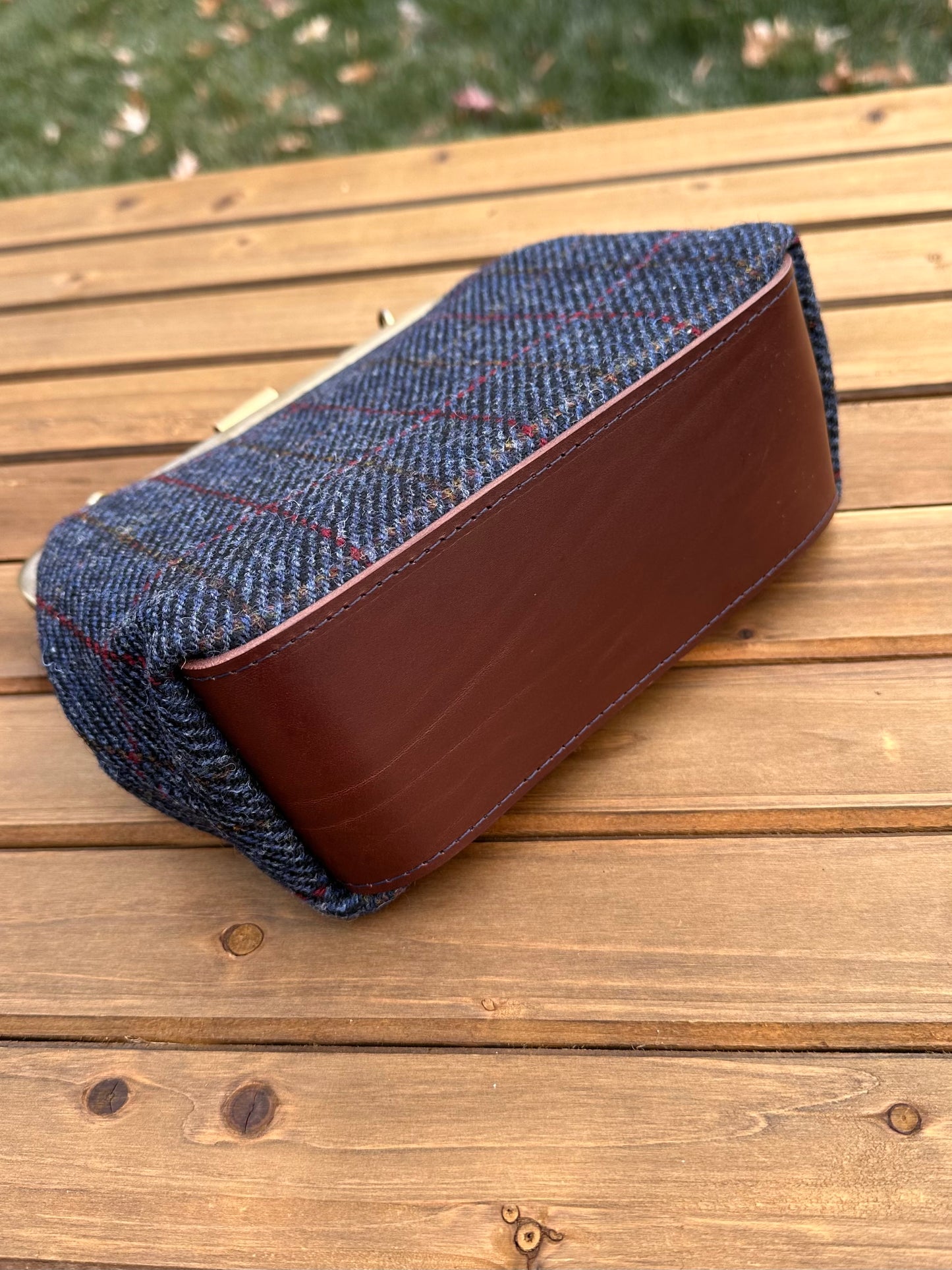 Dark Blue Plaid Harris Tweed® and Bronze Princess Anne Kiss Lock SquiresCanvasCreations.com