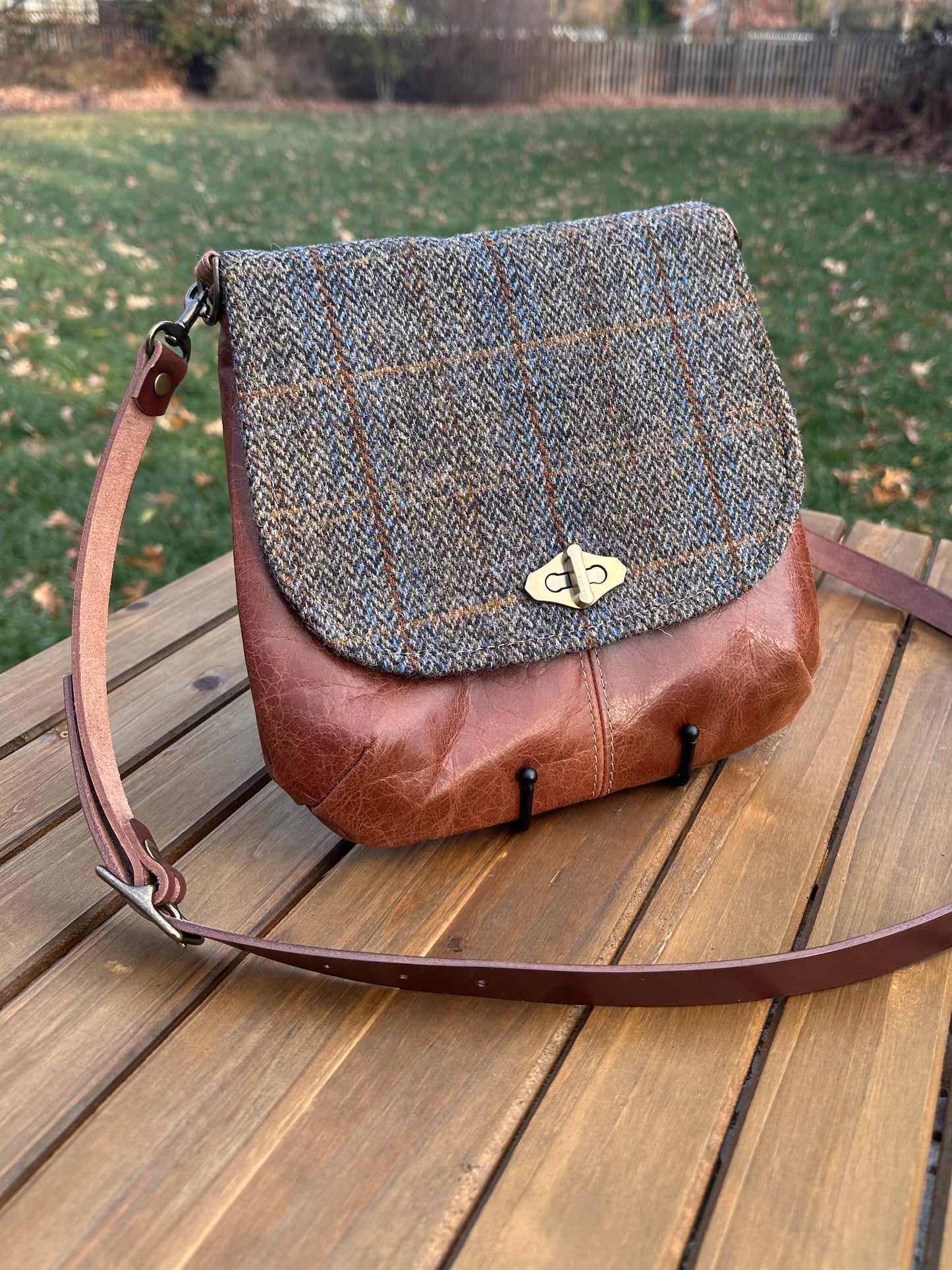 Green Blue Mix Herringbone Harris Tweed® with Brandy Leather and Antique Brass Hardware Shoreline Crossbody SquiresCanvasCreations.com