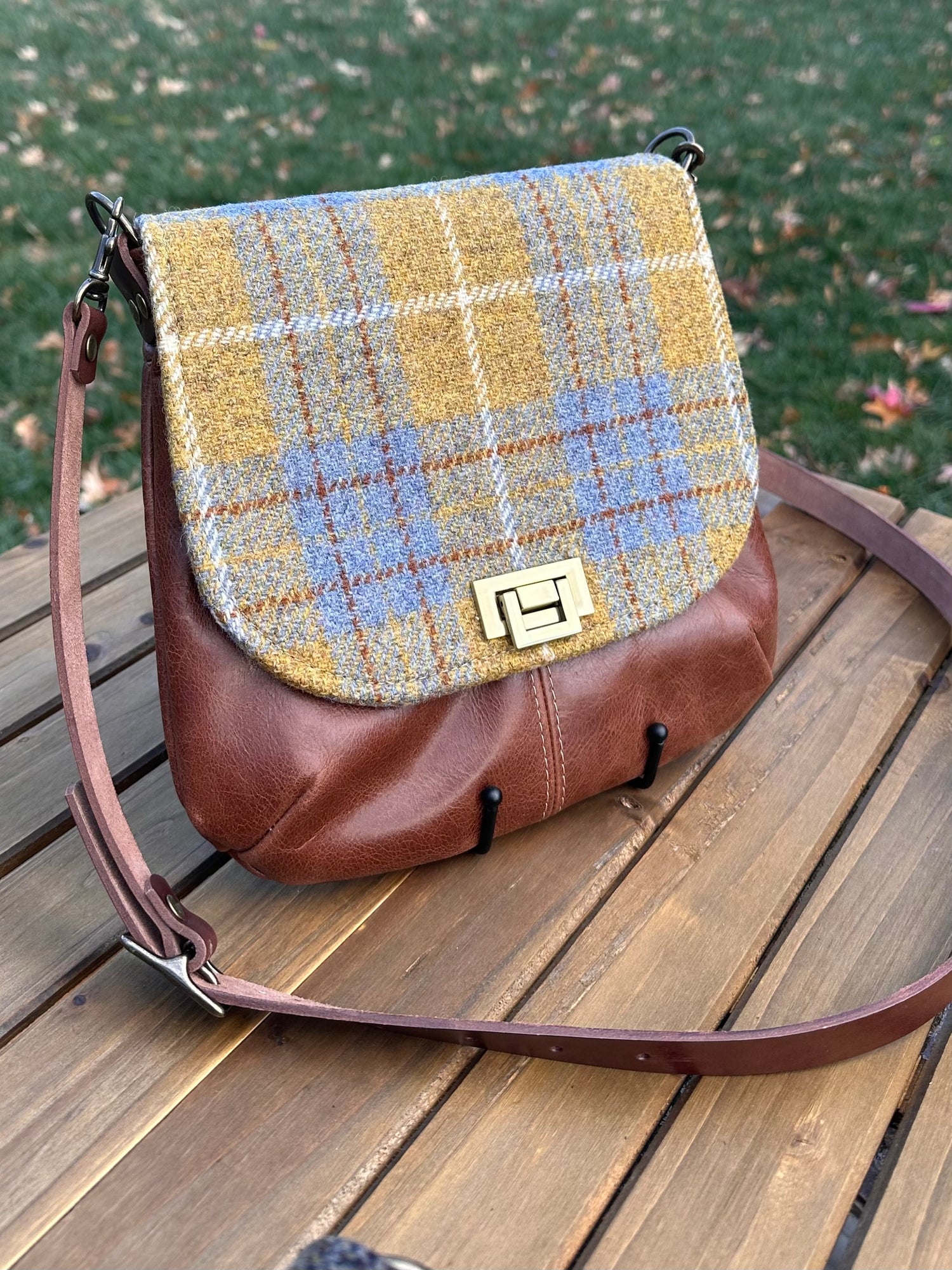 Harris Tweed® Shoreline Crossbody Yellow and Blue Plaid Harris Tweed® with Brandy Leather and Antique Brass Hardware SquiresCanvasCreations.com