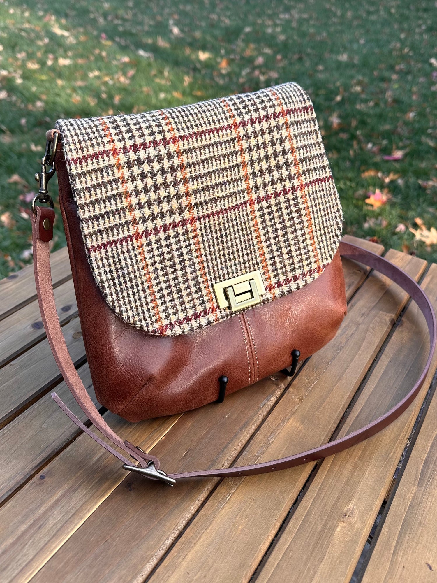 Harris Tweed® Shoreline Crossbody Glen Plaid Harris Tweed® with Brandy Leather and Antique Brass Hardware SquiresCanvasCreations.com