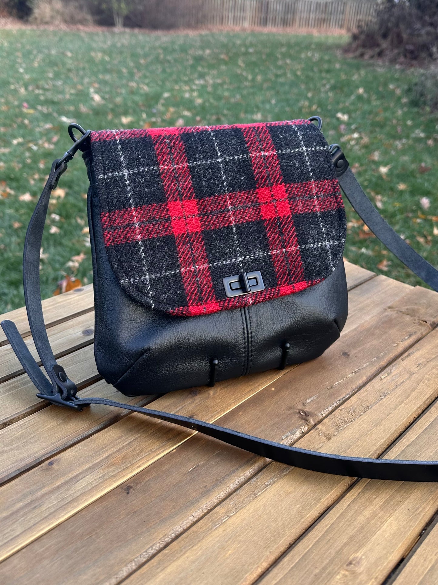 Harris Tweed® Shoreline Crossbody Red and Black Plaid Harris Tweed® with Black Leather and Black Matte Hardware SquiresCanvasCreations.com