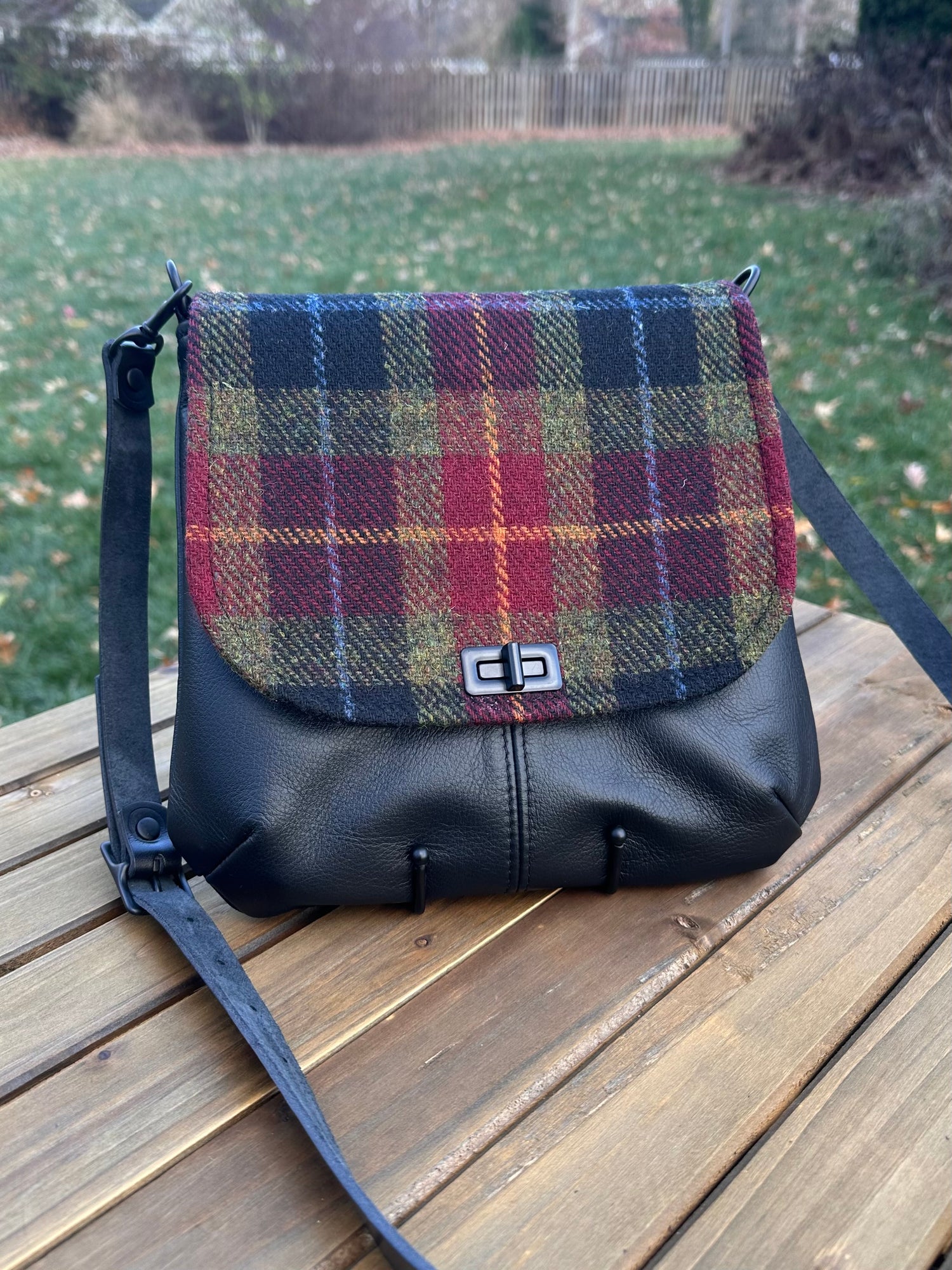 Red Green and Black Harris Tweed® with Black Leather and Black Matte Hardware Shoreline Crossbody SquiresCanvasCreations.com