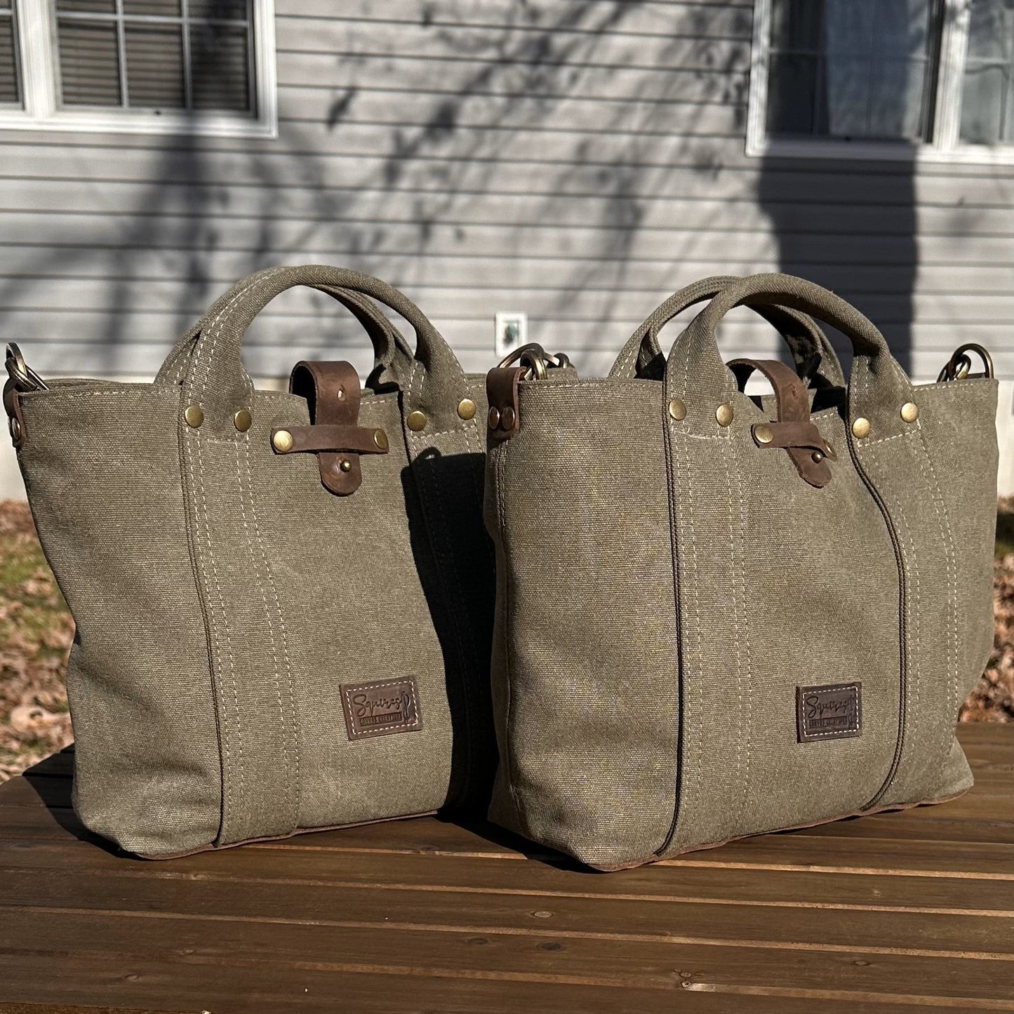 Olive Drab Stone Washed Canvas with Crazy Horse Tan Leather and Antique Brass Hardware Waterman Tote squirescanvascreations.com