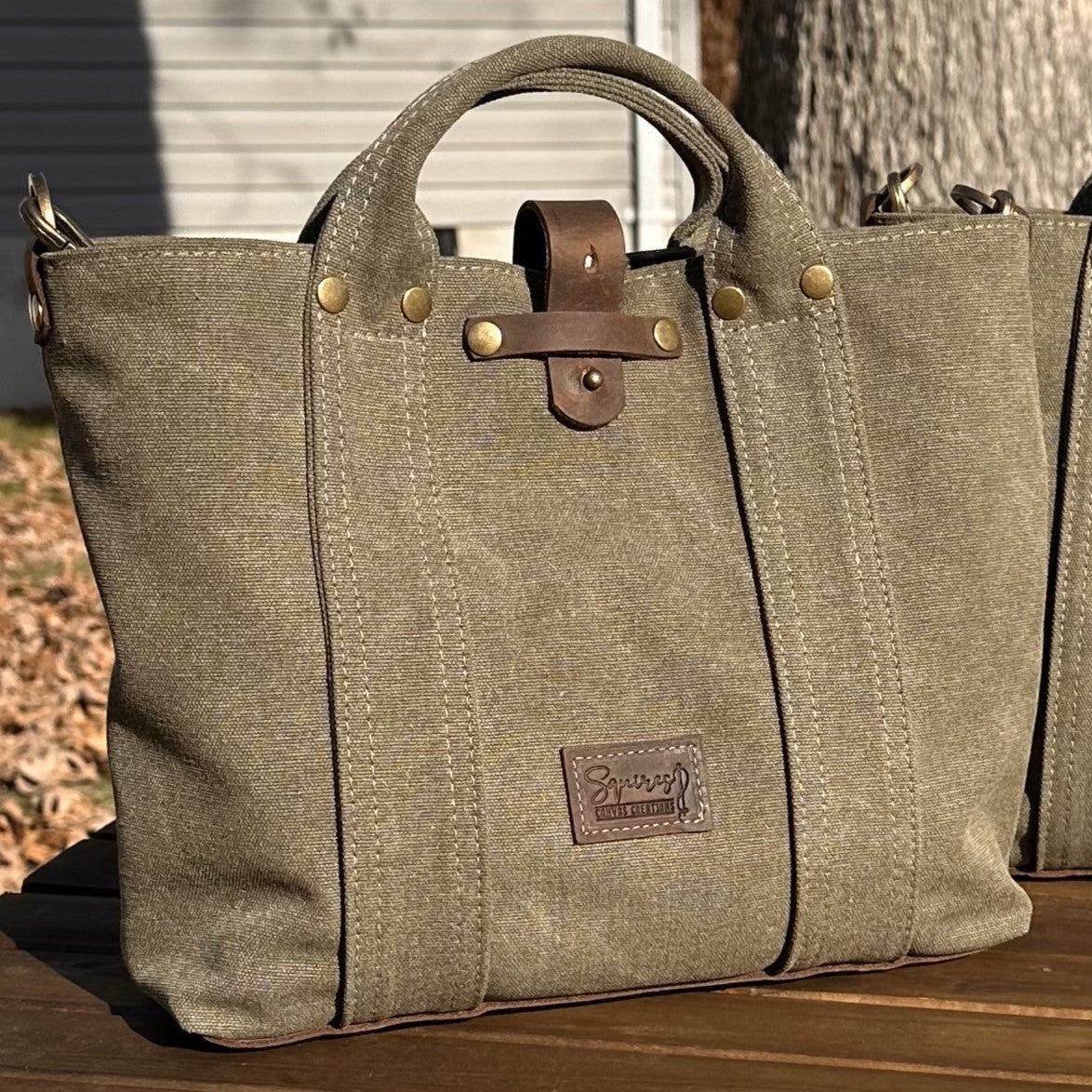Olive Drab Stone Washed Canvas with Crazy Horse Tan Leather and Antique Brass Hardware Waterman Tote squirescanvascreations.com