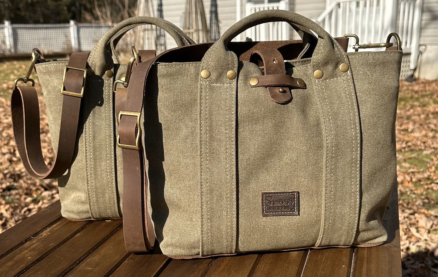 Olive Drab Stone Washed Canvas with Crazy Horse Tan Leather and Antique Brass Hardware Waterman Tote squirescanvascreations.com