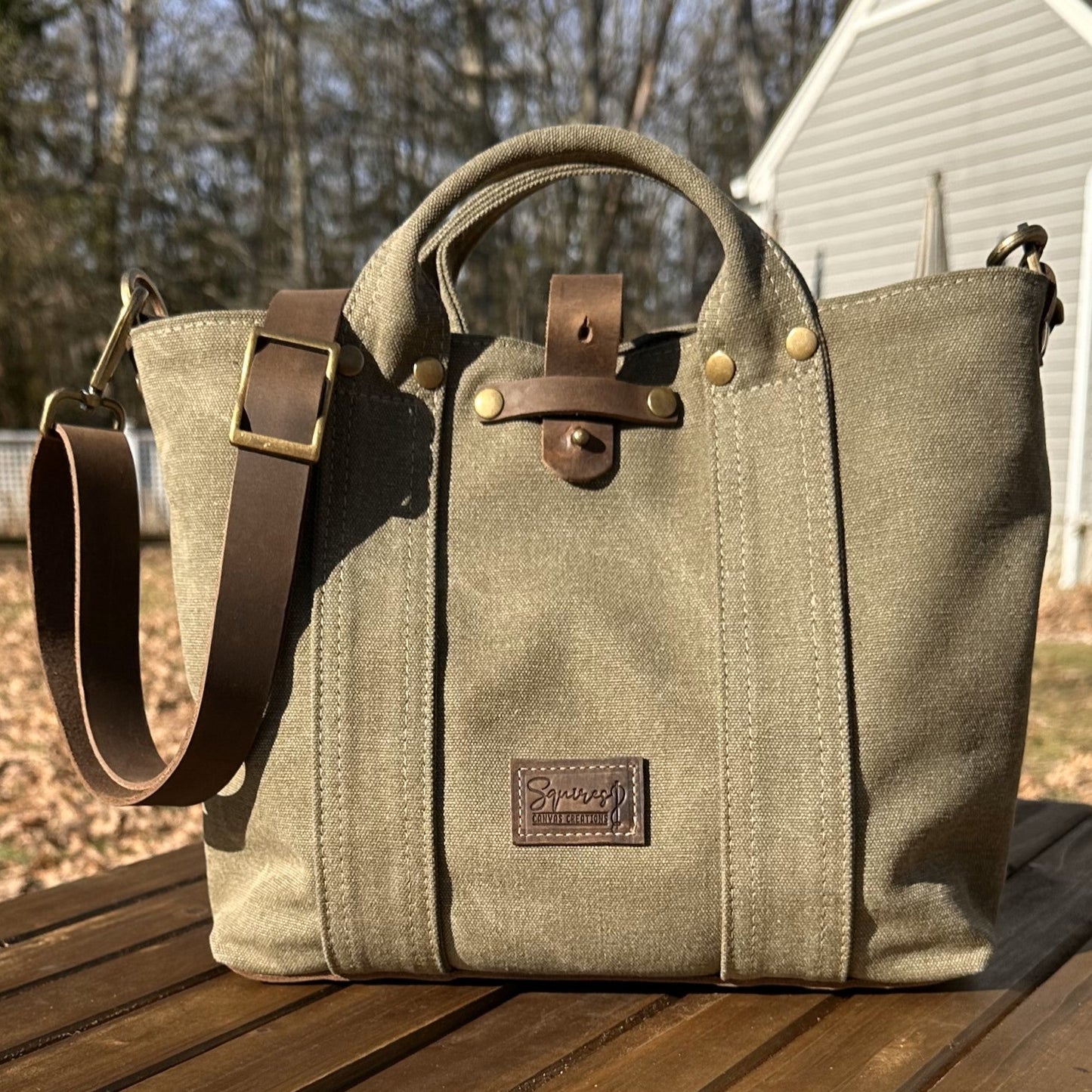 Olive Drab Stone Washed Canvas with Crazy Horse Tan Leather and Antique Brass Hardware Waterman Tote squirescanvascreations.com