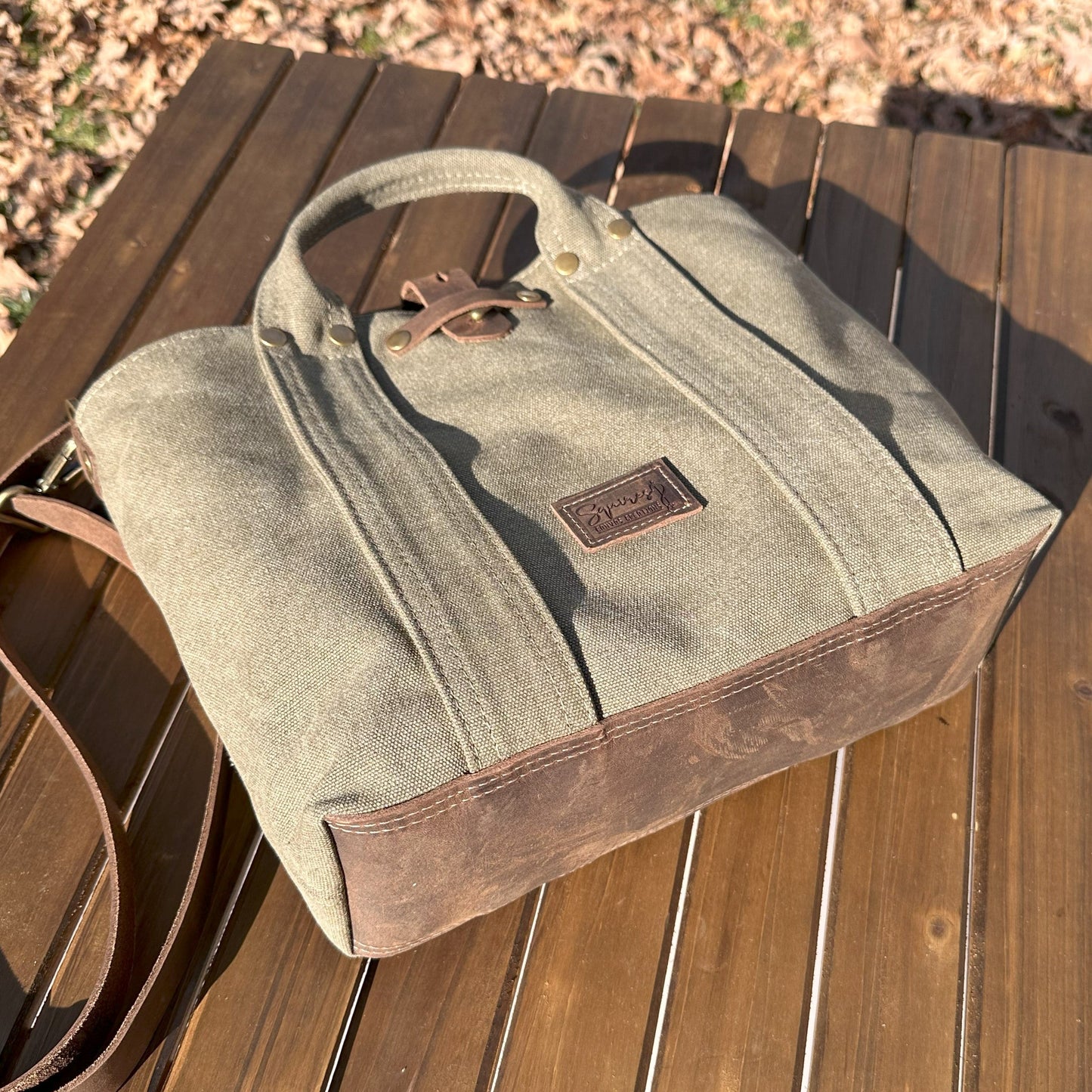 Olive Drab Stone Washed Canvas with Crazy Horse Tan Leather and Antique Brass Hardware Waterman Tote squirescanvascreations.com