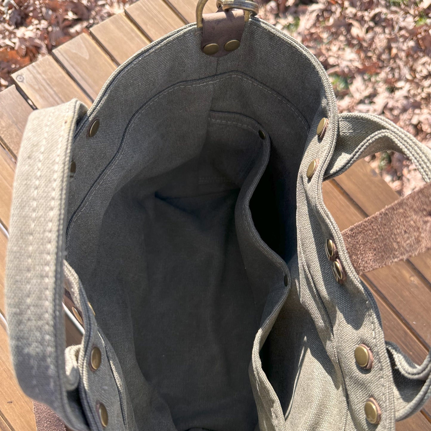 Olive Drab Stone Washed Canvas with Crazy Horse Tan Leather and Antique Brass Hardware Waterman Tote squirescanvascreations.com