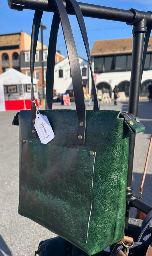 Western Crunch Emerald Green Leather West Street Tote with Brown Bridal Leather Handles and Solid Brass Hardware SquiresCanvasCreations.com
