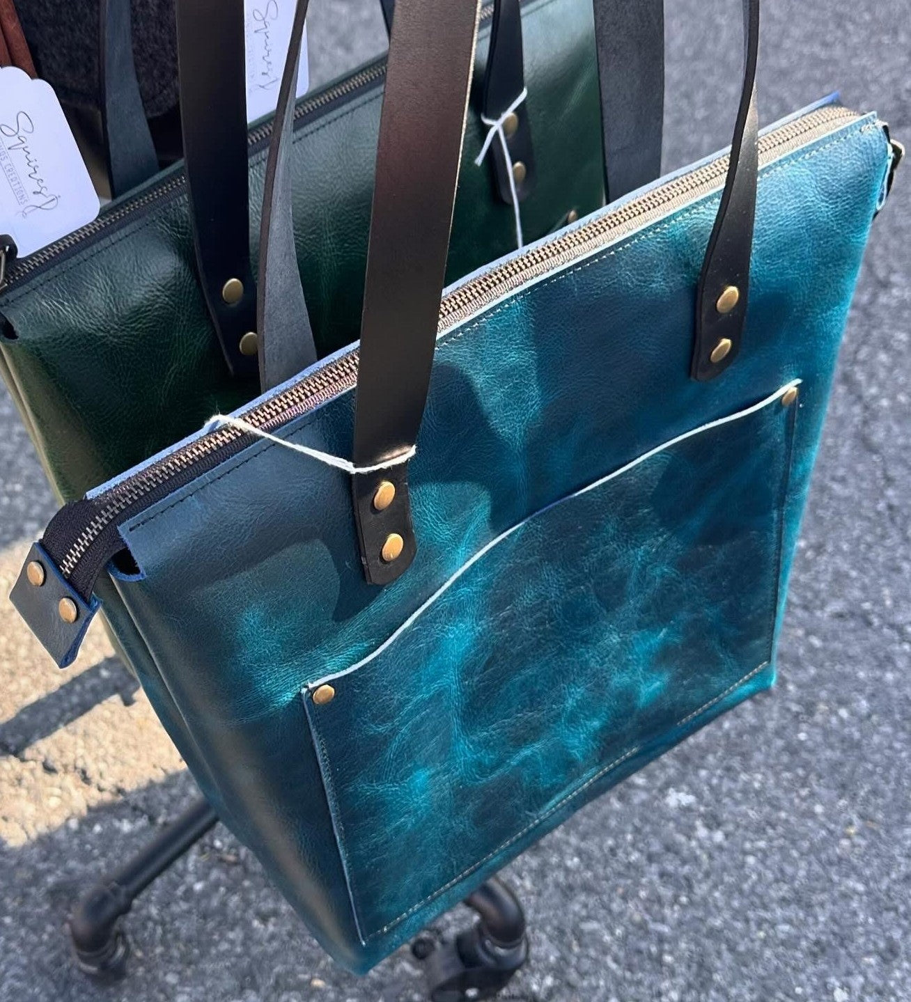 Western Crunch Blue Leather West Street Tote with Black Bridal Leather Handles and Solid Brass Hardware SquiresCanvasCreations.com