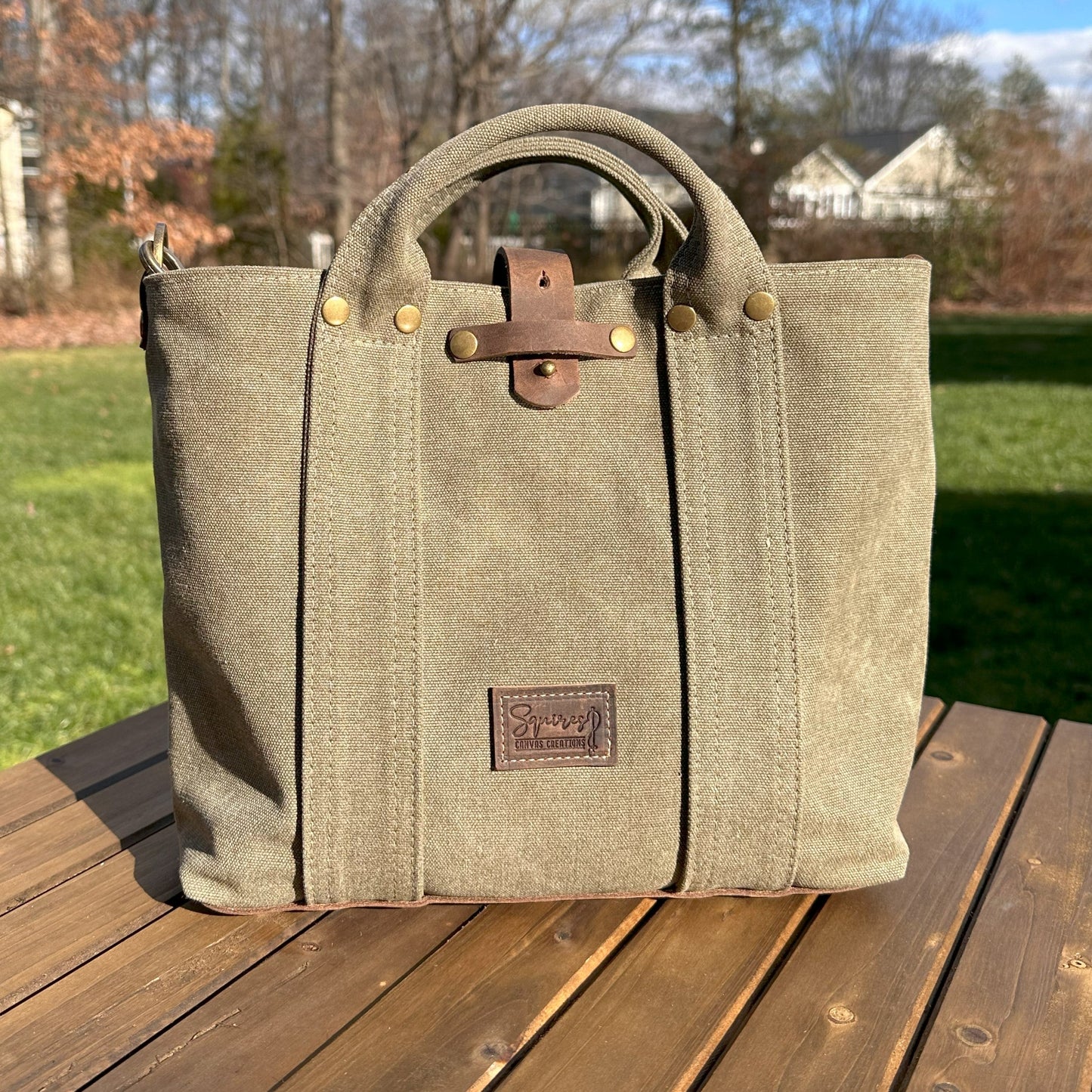 Olive Drab Stone Washed Canvas with Crazy Horse Tan Leather and Antique Brass Hardware Waterman Tote squirescanvascreations.com