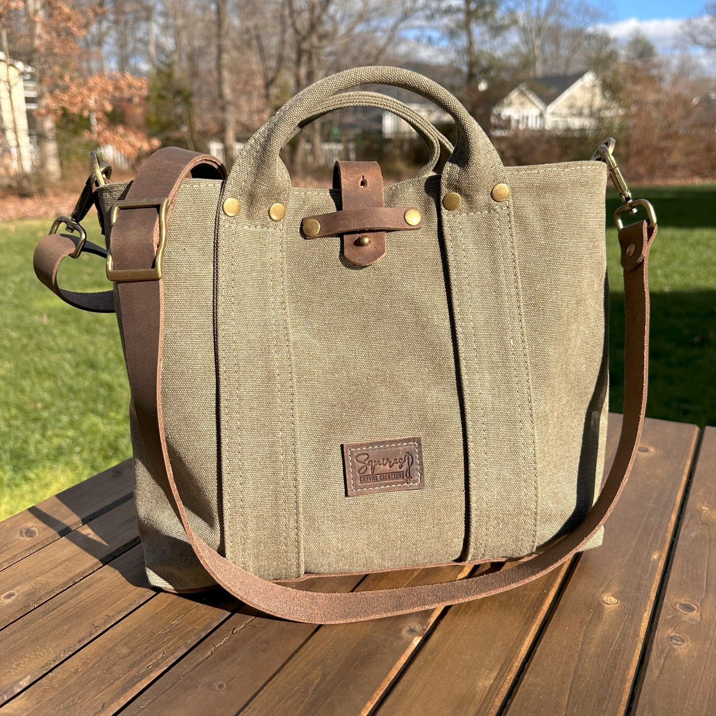 Olive Drab Stone Washed Canvas with Crazy Horse Tan Leather and Antique Brass Hardware Waterman Tote squirescanvascreations.com