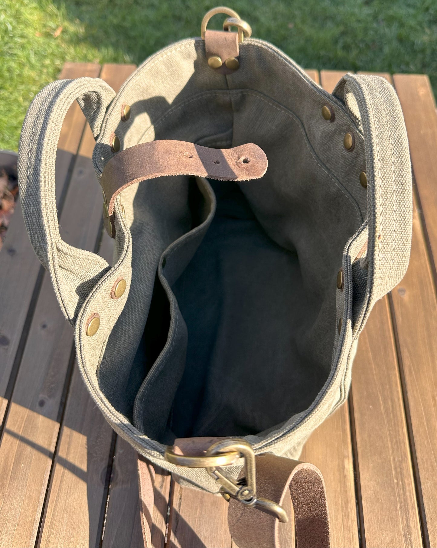 Olive Drab Stone Washed Canvas with Crazy Horse Tan Leather and Antique Brass Hardware Waterman Tote squirescanvascreations.com