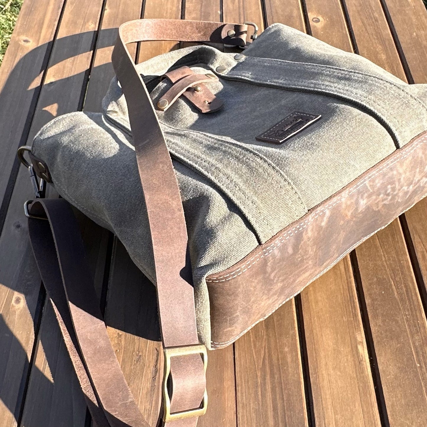 Olive Drab Stone Washed Canvas with Crazy Horse Tan Leather and Antique Brass Hardware Waterman Tote squirescanvascreations.com