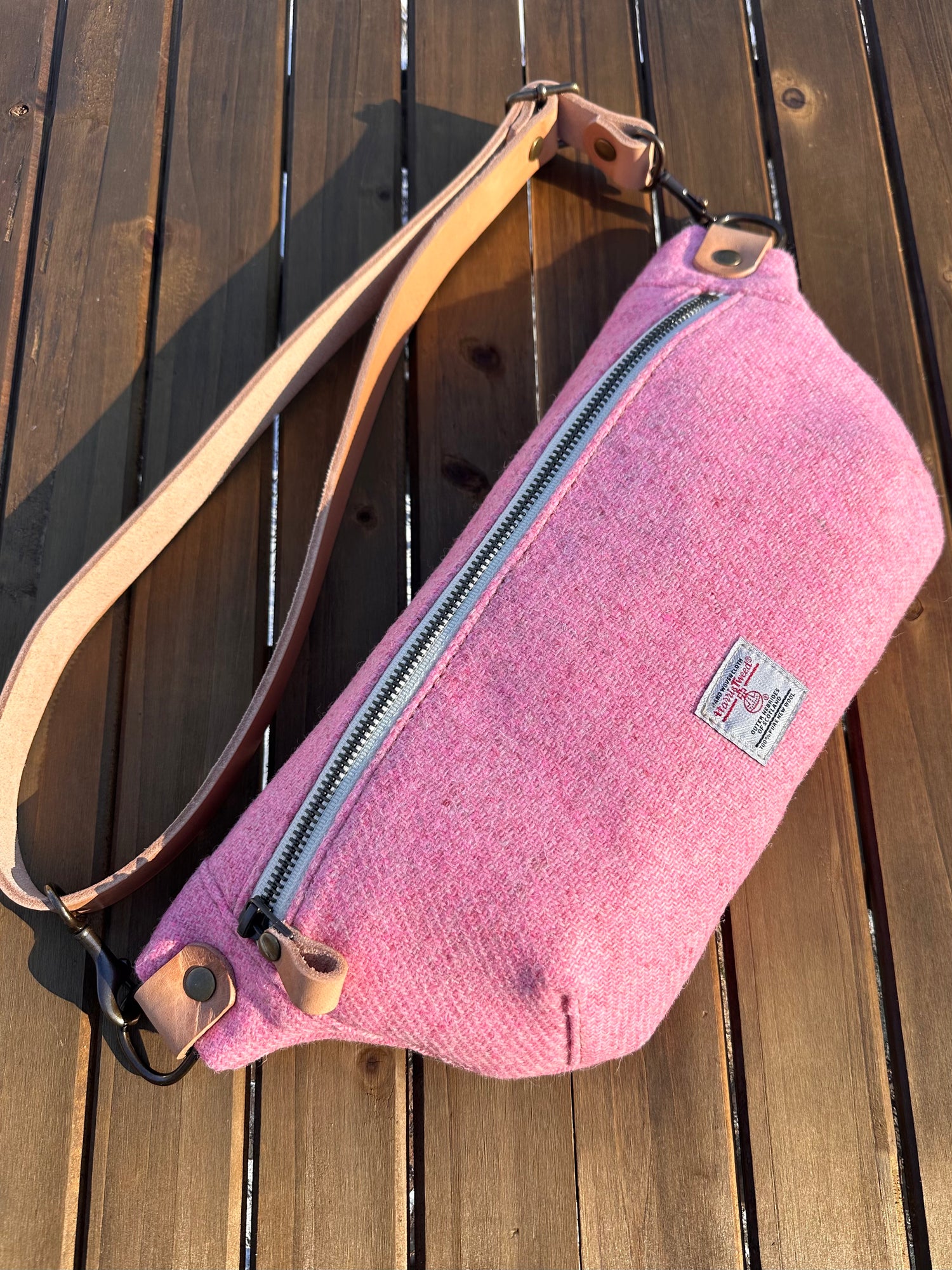 Pink Twill Harris Tweed® Natural Leather with Antique Brass Hardware Spinnaker Sling Bag squirescanvascreations.com