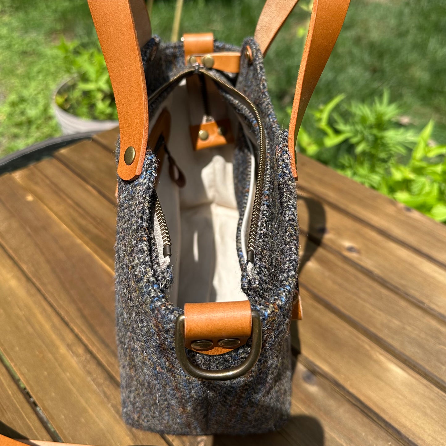 Mazie Handbag Green and Blue Herringbone with Rust Overcheck Harris Tweed® with Biscuit Veg Tan Leather and Antique Brass Hardware SquiresCanvasCreations.com