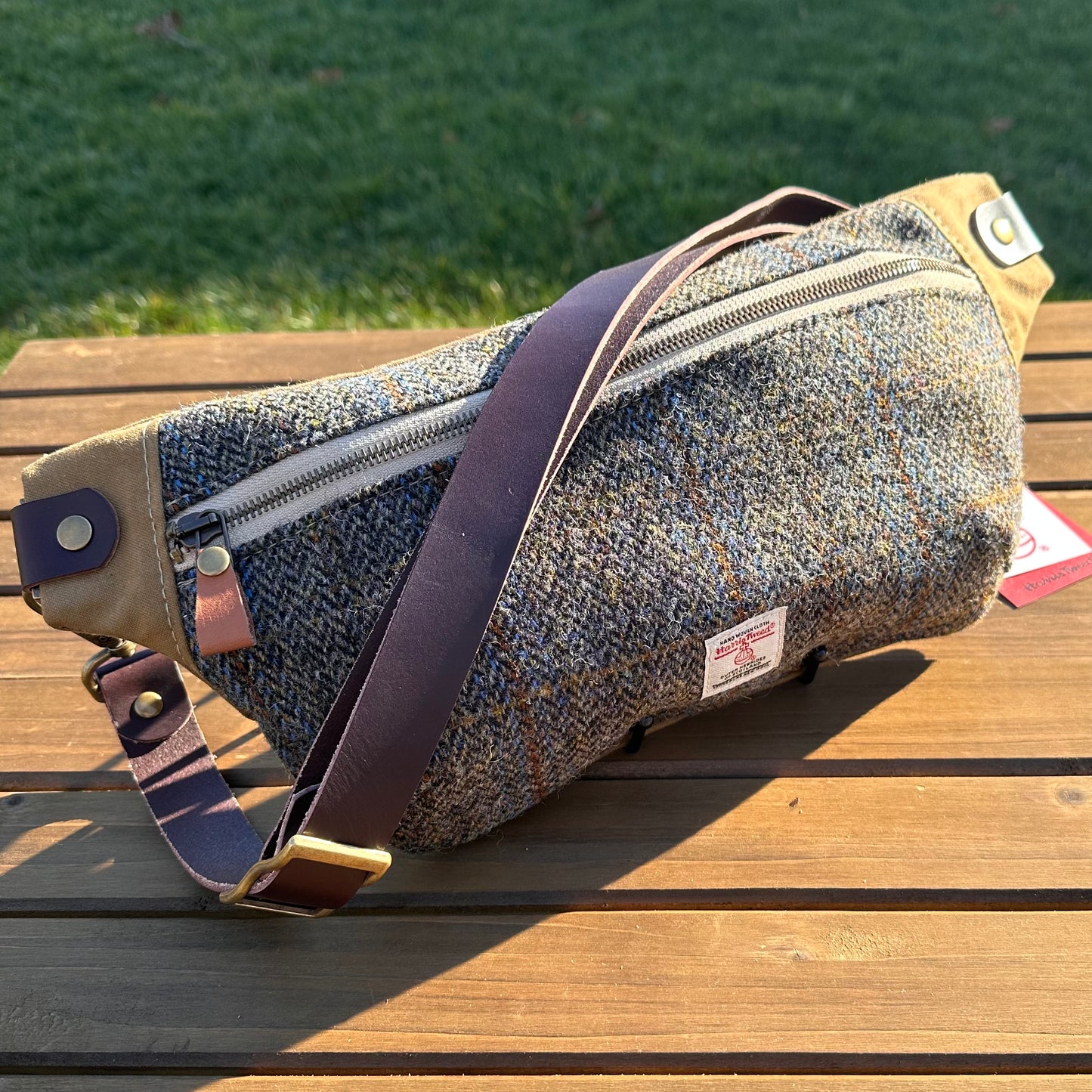 Blue and Green Herringbone with a Rust Overcheck Harris Tweed® Dark Brown Leather Strap Antique Brass Hardware Harris Tweed® Spinnaker Sling Bag squirescanvascreations.com