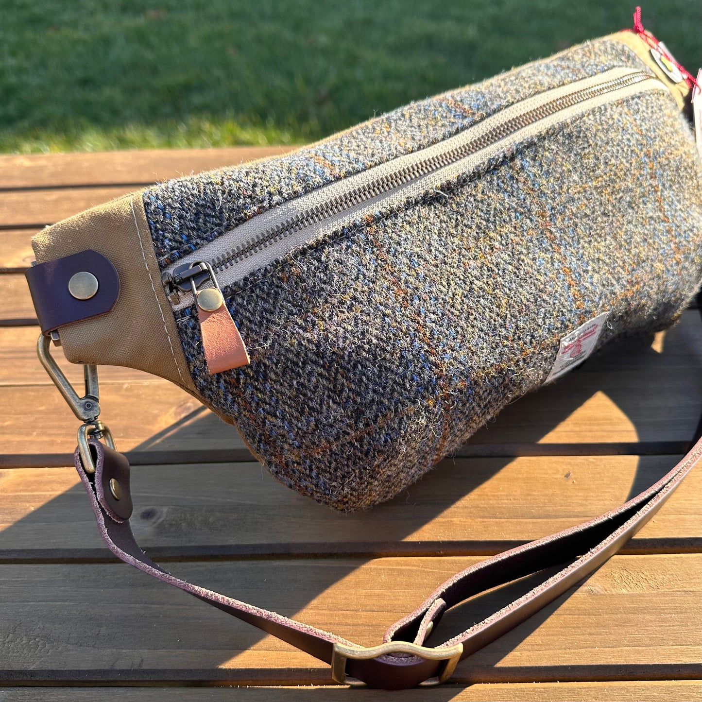Blue and Green Herringbone with a Rust Overcheck Harris Tweed® Dark Brown Leather Strap Antique Brass Hardware Harris Tweed® Spinnaker Sling Bag squirescanvascreations.com