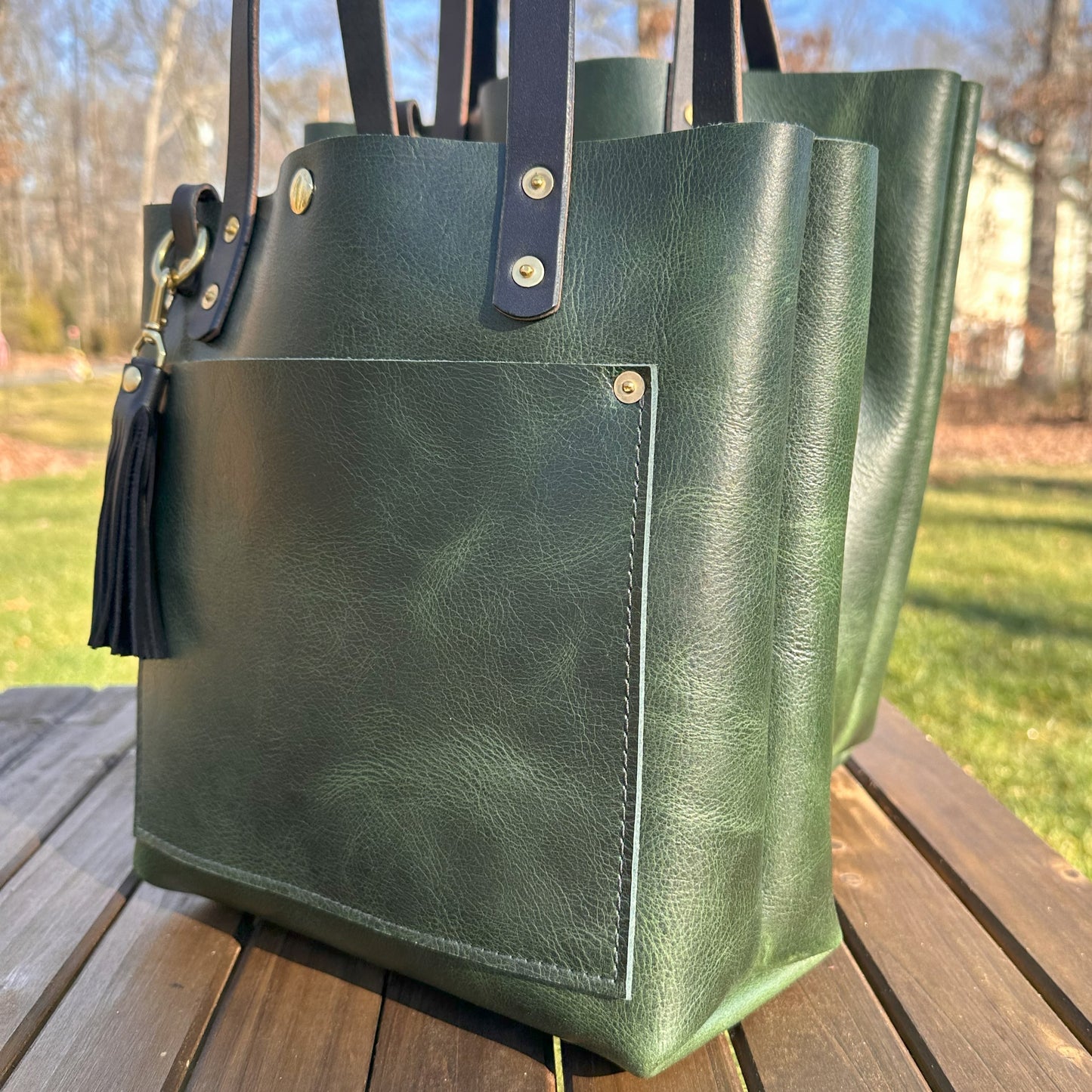 Leather West Street Tote Western Crunch Emerald Green with Brown Bridal Leather Handles and Solid Brass Hardware and Tassel SquiresCanvasCreations.com
