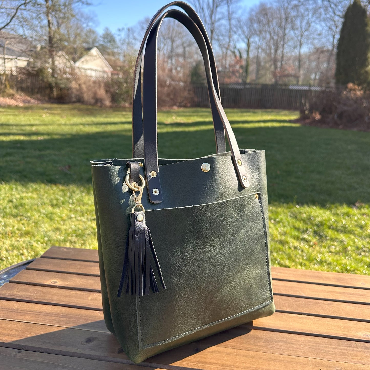 Leather West Street Tote Western Crunch Emerald Green with Brown Bridal Leather Handles and Solid Brass Hardware and Tassel SquiresCanvasCreations.com