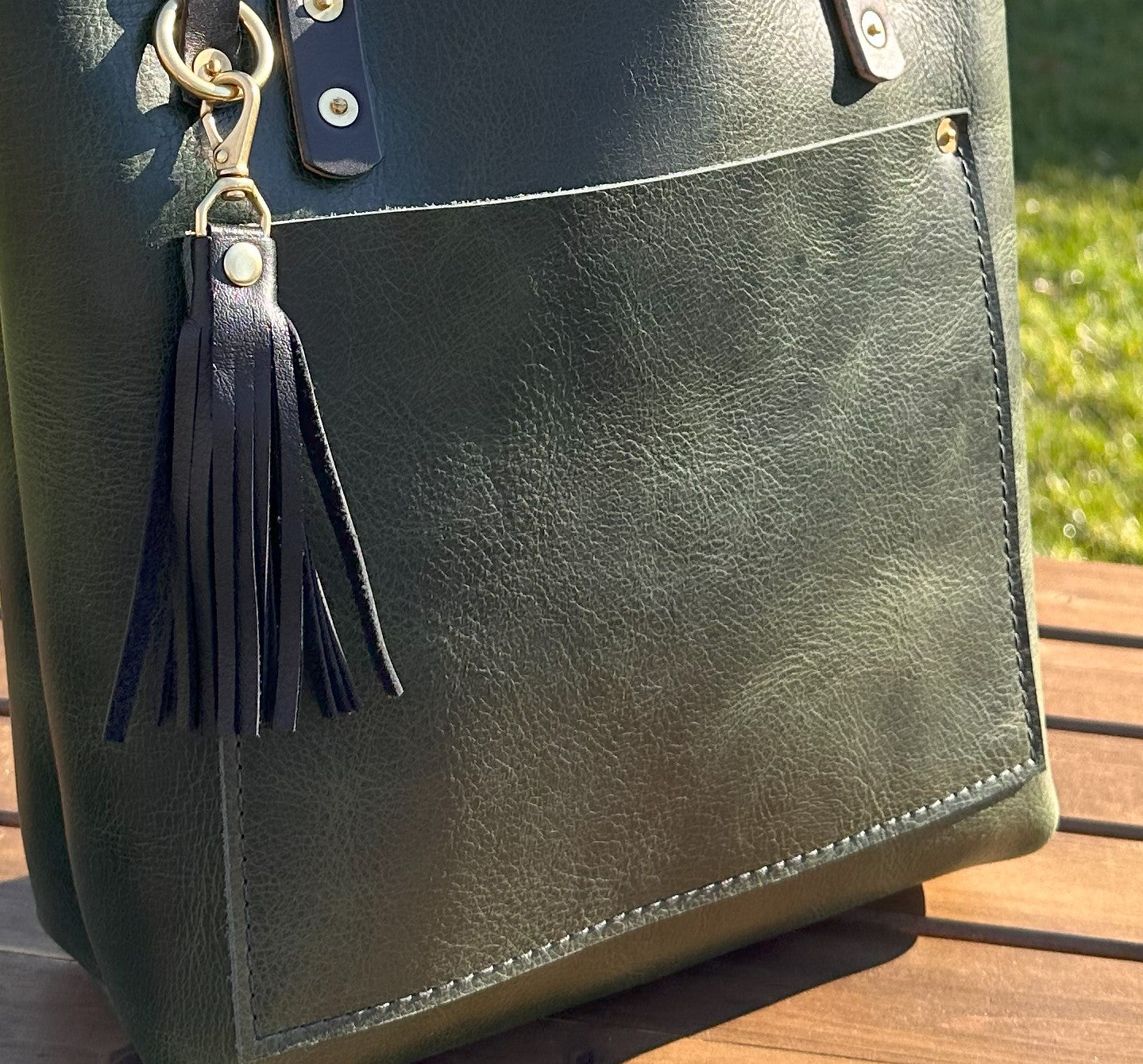 Western Crunch Emerald Green Leather West Street Tote with Brown Bridal Leather Handles and Solid Brass Hardware SquiresCanvasCreations.com