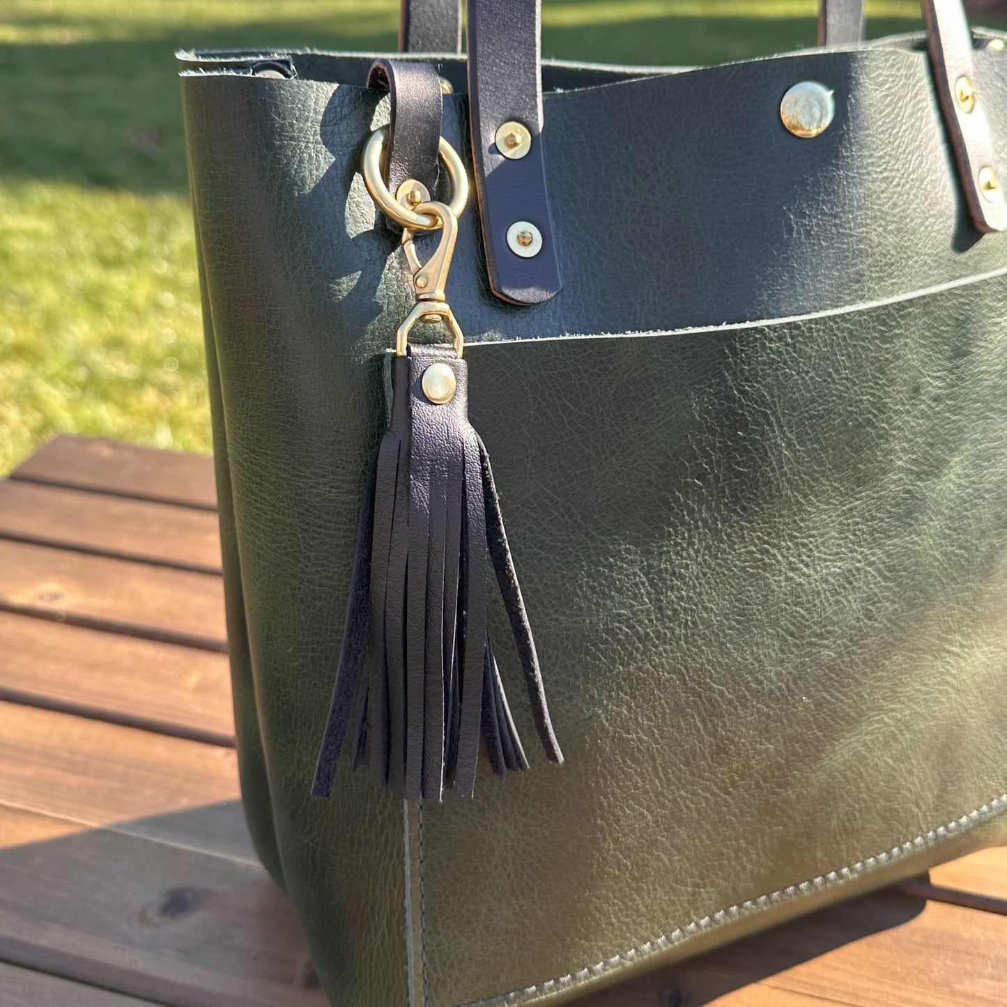 Leather West Street Tote Western Crunch Emerald Green with Brown Bridal Leather Handles and Solid Brass Hardware and Tassel SquiresCanvasCreations.com