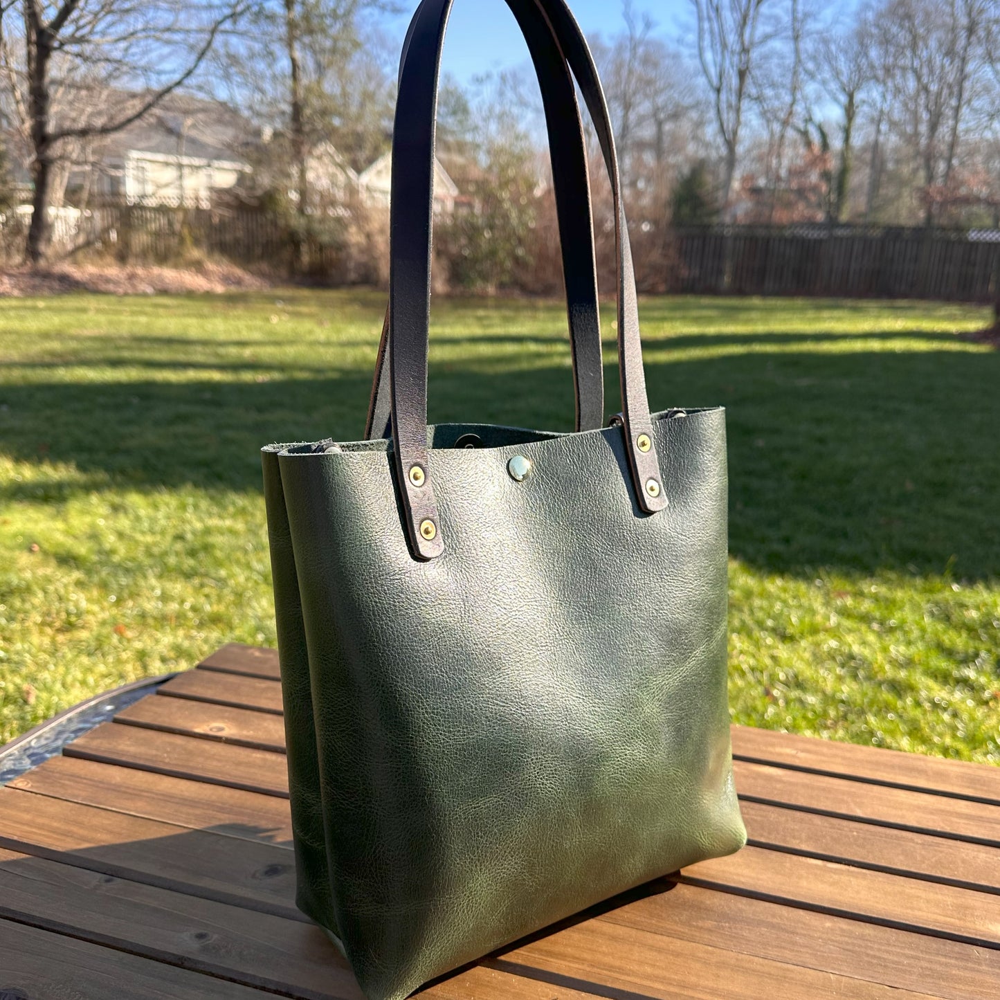 Leather West Street Tote Western Crunch Emerald Green with Brown Bridal Leather Handles and Solid Brass Hardware and Tassel SquiresCanvasCreations.com
