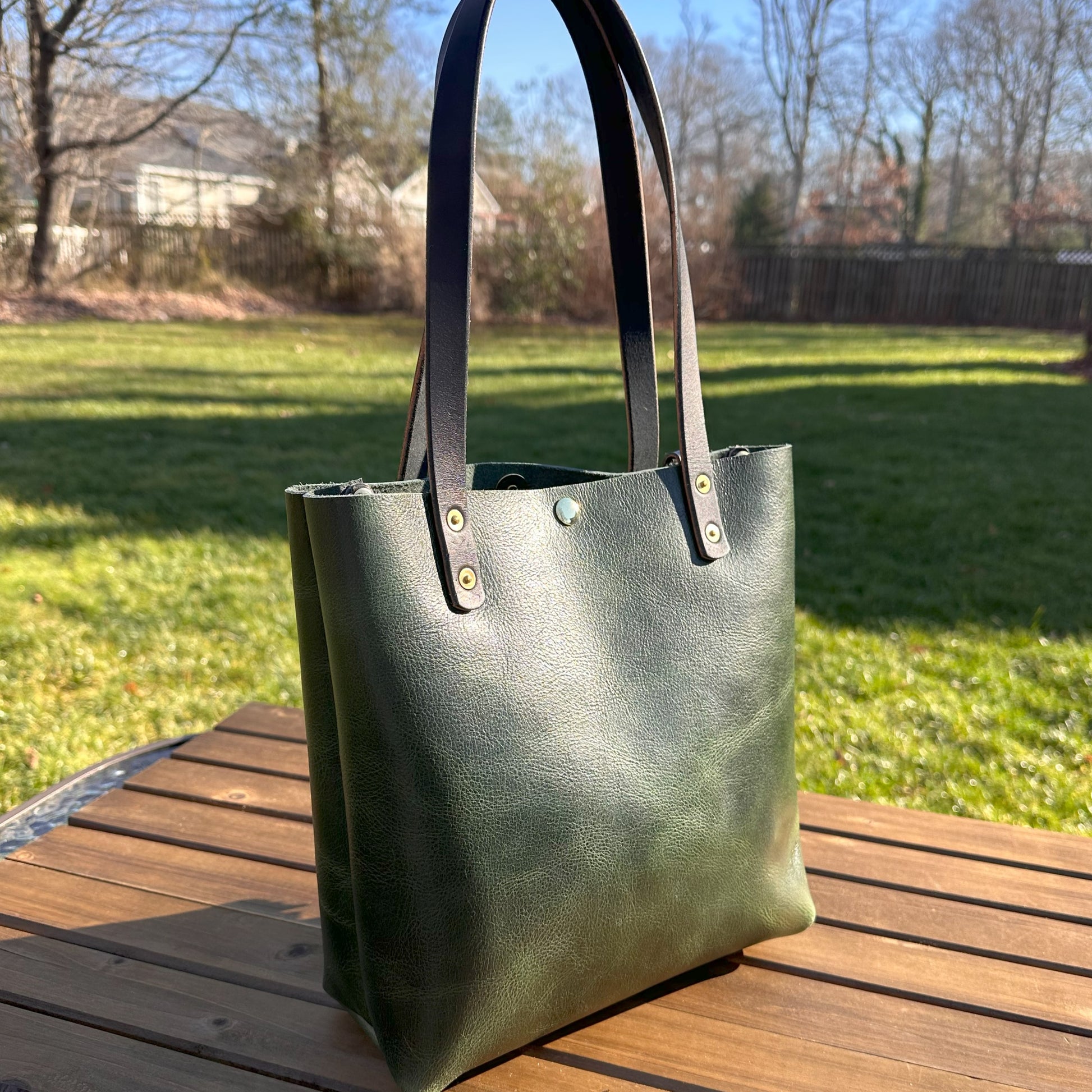Leather West Street Tote Western Crunch Emerald Green with Brown Bridal Leather Handles and Solid Brass Hardware and Tassel SquiresCanvasCreations.com