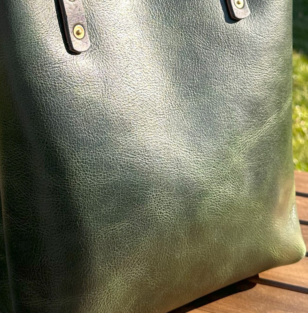 Western Crunch Emerald Green Leather West Street Tote with Brown Bridal Leather Handles and Solid Brass Hardware SquiresCanvasCreations.com