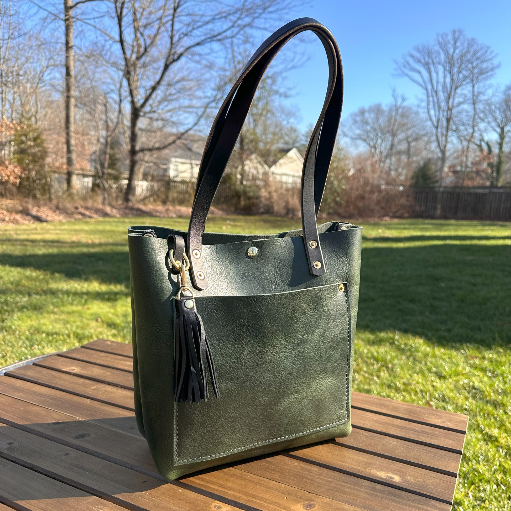 Leather West Street Tote Western Crunch Emerald Green with Brown Bridal Leather Handles and Solid Brass Hardware and Tassel SquiresCanvasCreations.com
