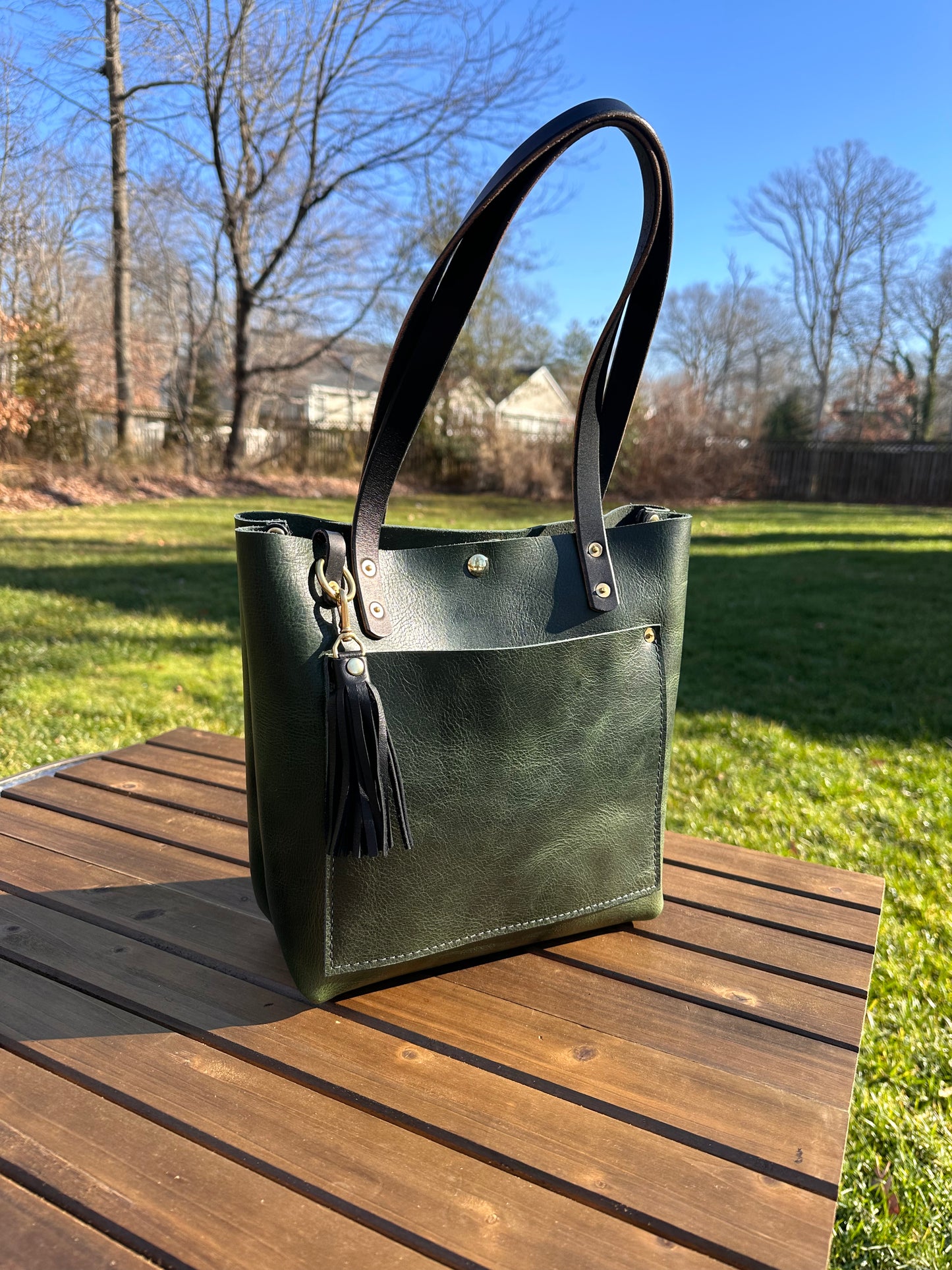 Western Crunch Emerald Green Leather West Street Tote with Brown Bridal Leather Handles and Solid Brass Hardware SquiresCanvasCreations.com