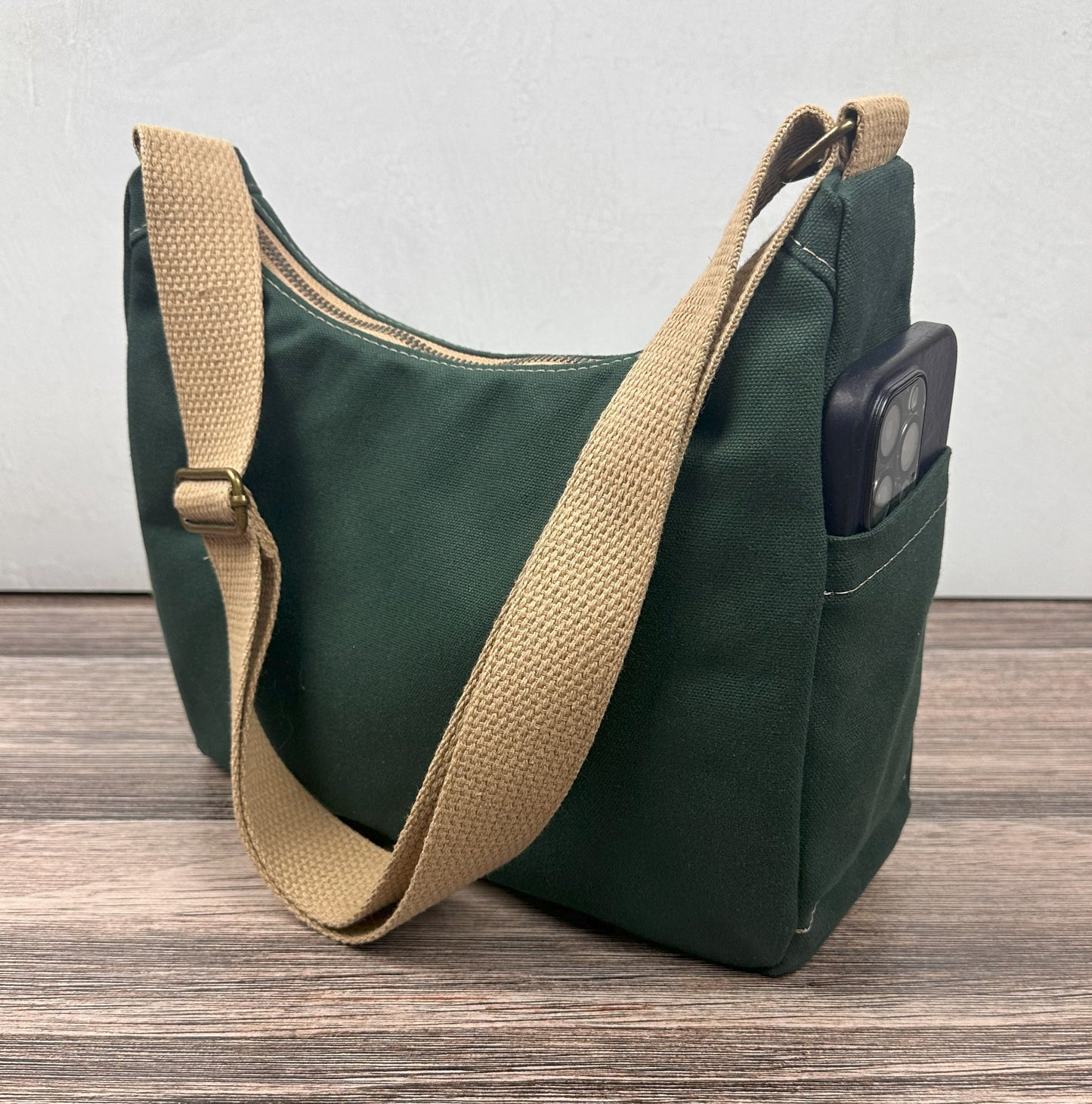 Forest Green 15oz Canvas South Creek Hobo Bag with Camel Cotton Webbing Strap SquiresCanvasCreatons.com
