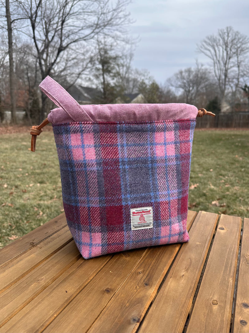 Pink and Blue Plaid Harris Tweed® Highland Maker Bag SquiresCanvasCreations.com