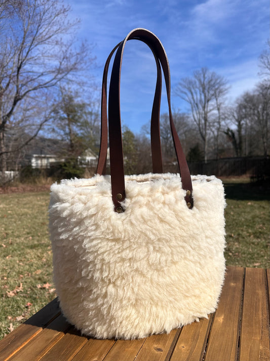 Shearling Parker Creek Tote Sheep Shearling with 15oz Natural Canvas with Cognac Splenda Leather and Antique Brass Hardware