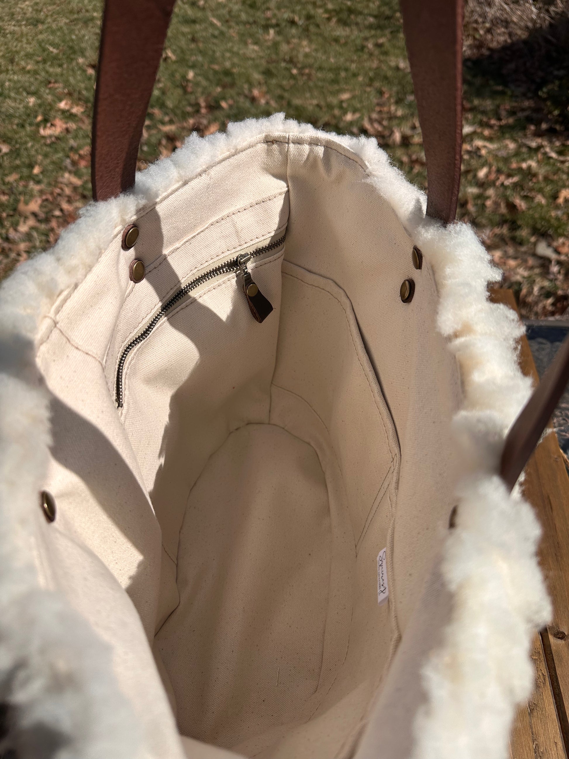 Shearling Parker Creek Tote Sheep Shearling with 15oz Natural Canvas with Cognac Splenda Leather and Antique Brass Hardware