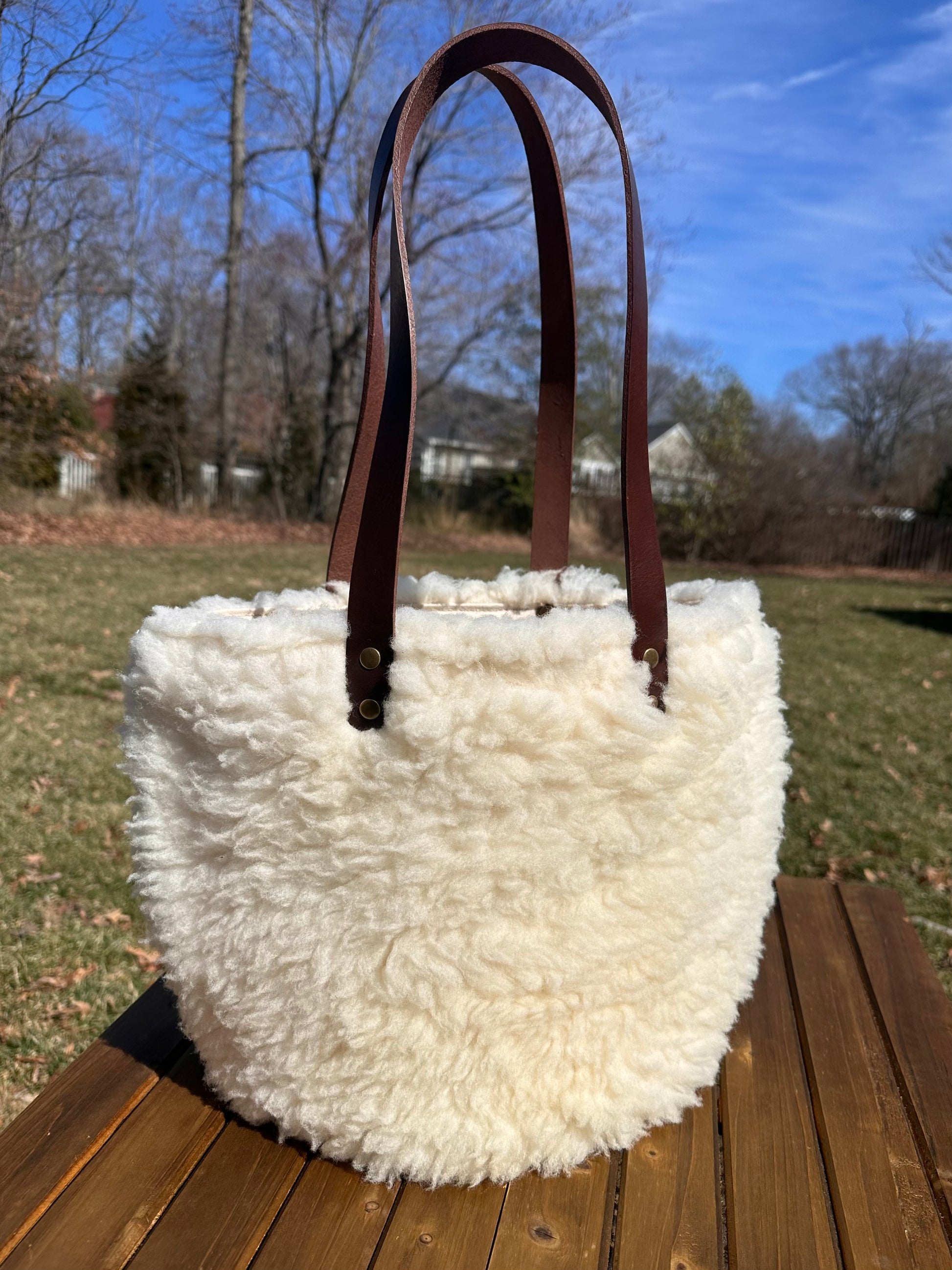 Shearling Parker Creek Tote Sheep Shearling with 15oz Natural Canvas with Cognac Splenda Leather and Antique Brass Hardware