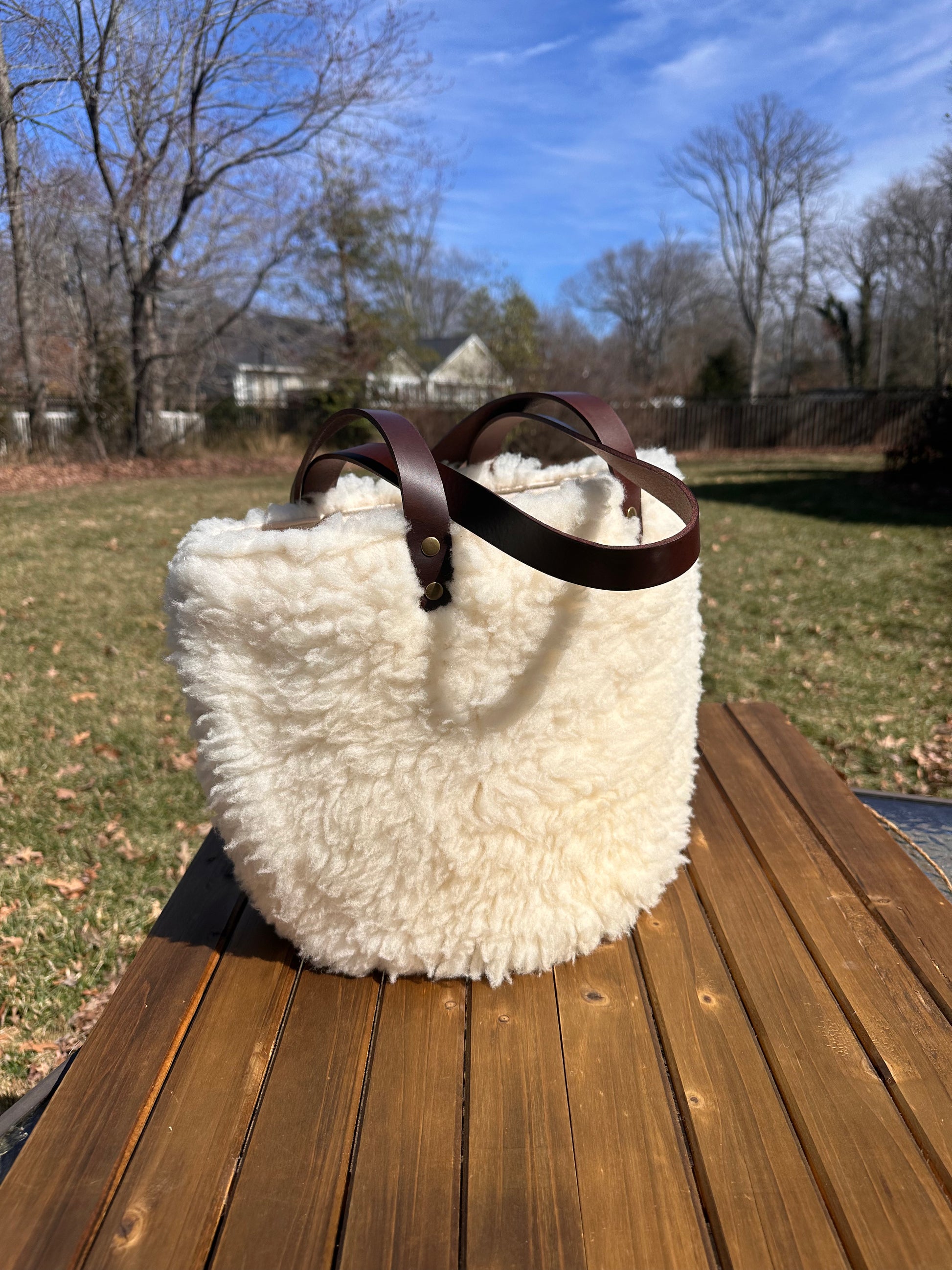 Shearling Parker Creek Tote Sheep Shearling with 15oz Natural Canvas with Cognac Splenda Leather and Antique Brass Hardware