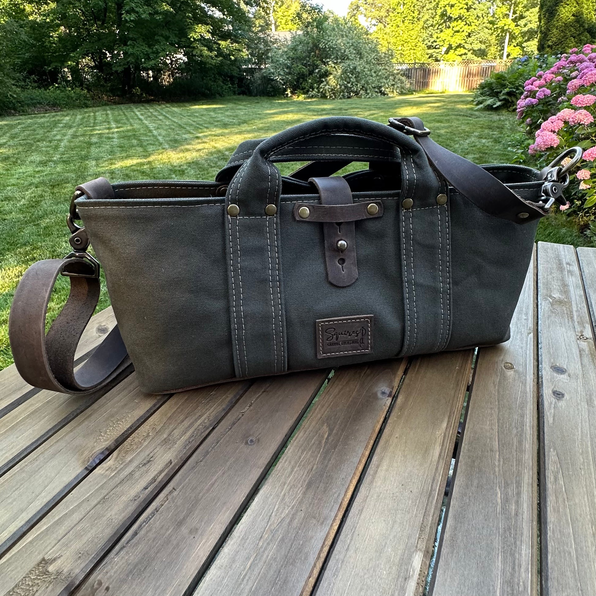 Waterman Tote (Small) Olive Drab Heavy Duty Canvas and Crazy Horse Rattle Brown Leather with Antique Brass Hardware SquiresCanvasCreations.com