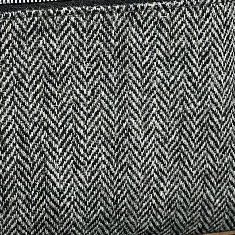 Black and White Herringbone with Crazy Horse Black Leather with Solid Metal Hardware Mazie Handbag squirescanvascreations.com