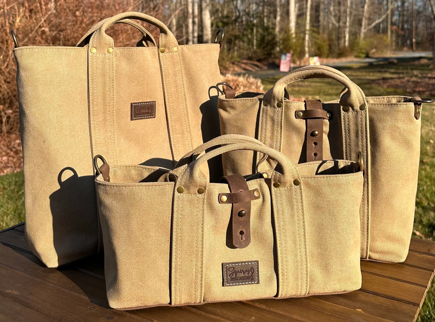 Saddle Stone Washed Canvas and Crazy Horse Tan leather with Antique Brass Hardware Waterman Tote squirescanvascreations.com