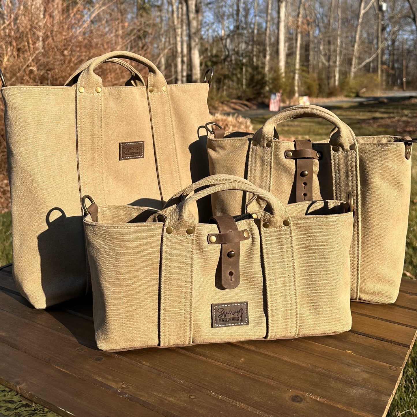 Saddle Stone Washed Canvas and Crazy Horse Tan leather with Antique Brass Hardware Waterman Tote squirescanvascreations.com