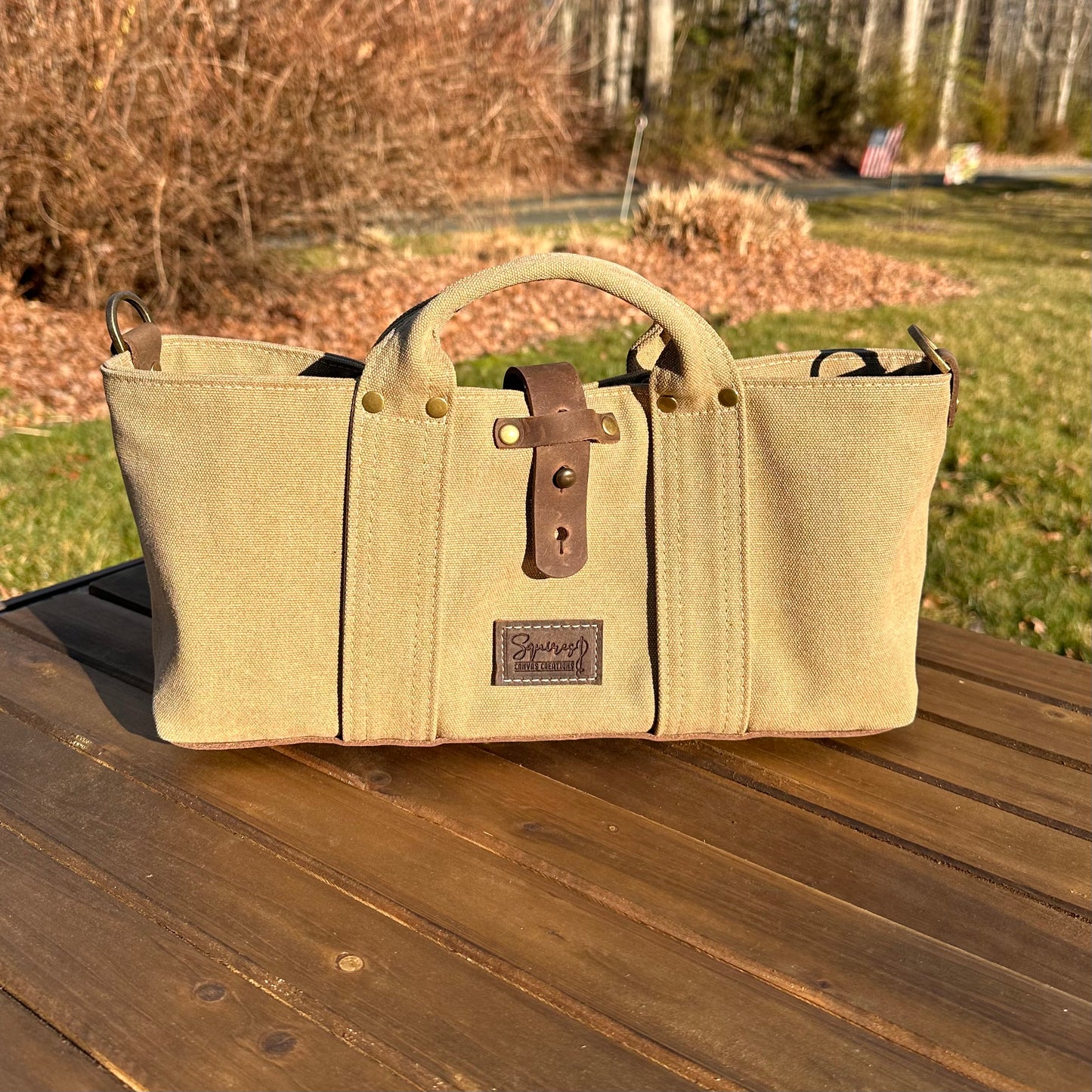 Saddle Stone Washed Canvas and Crazy Horse Tan leather with Antique Brass Hardware Waterman Tote squirescanvascreations.com