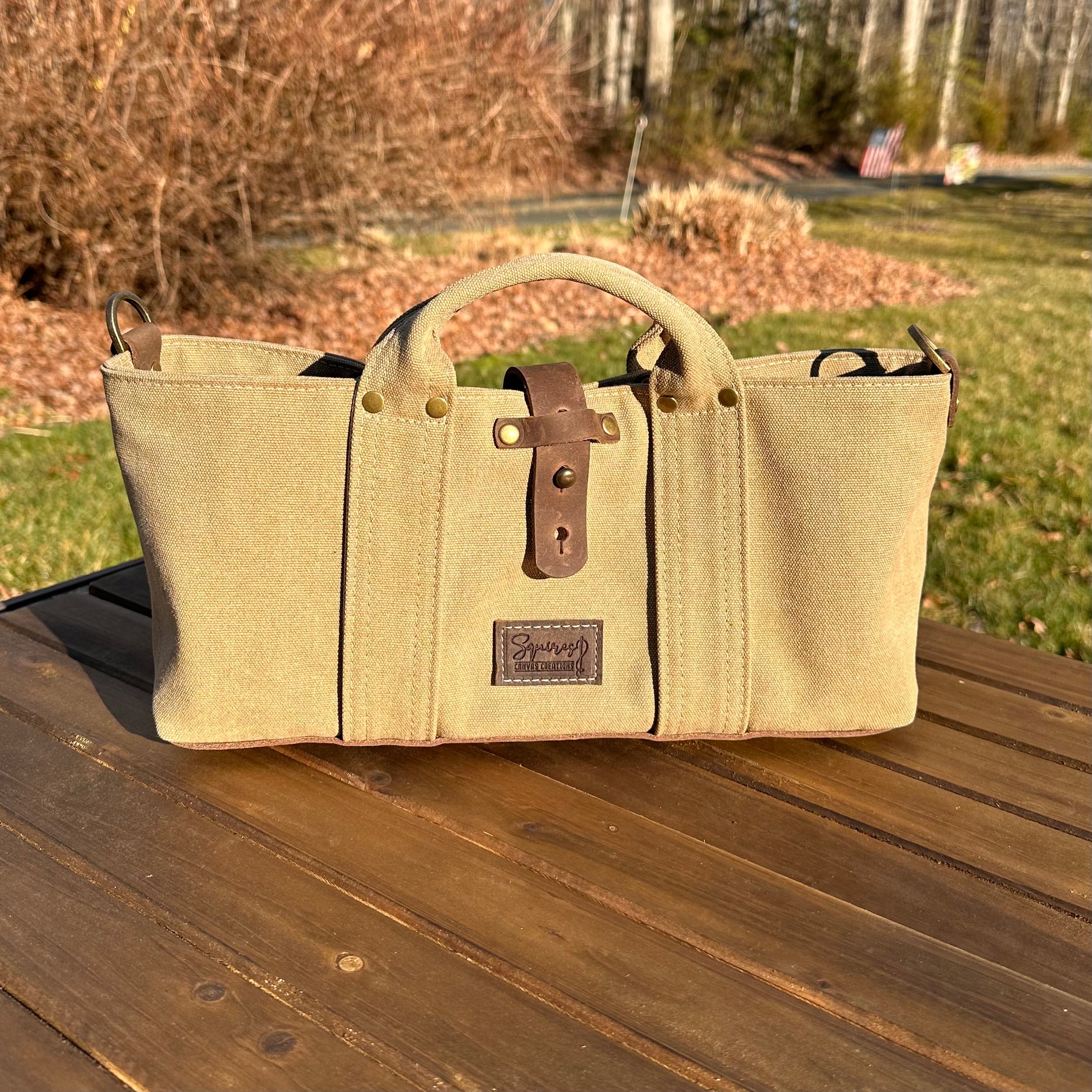 Saddle Stone Washed Canvas and Crazy Horse Tan leather with Antique Brass Hardware Waterman Tote squirescanvascreations.com