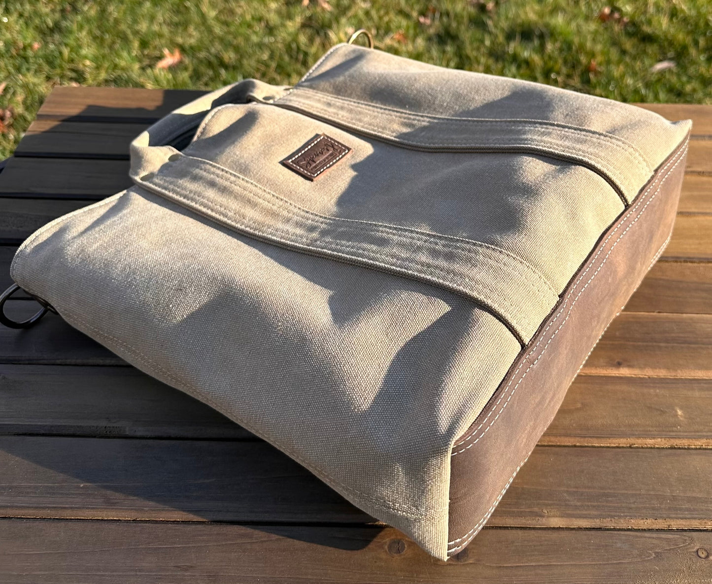 Saddle Stone Washed Canvas and Crazy Horse Tan leather with Antique Brass Hardware Waterman Tote squirescanvascreations.com