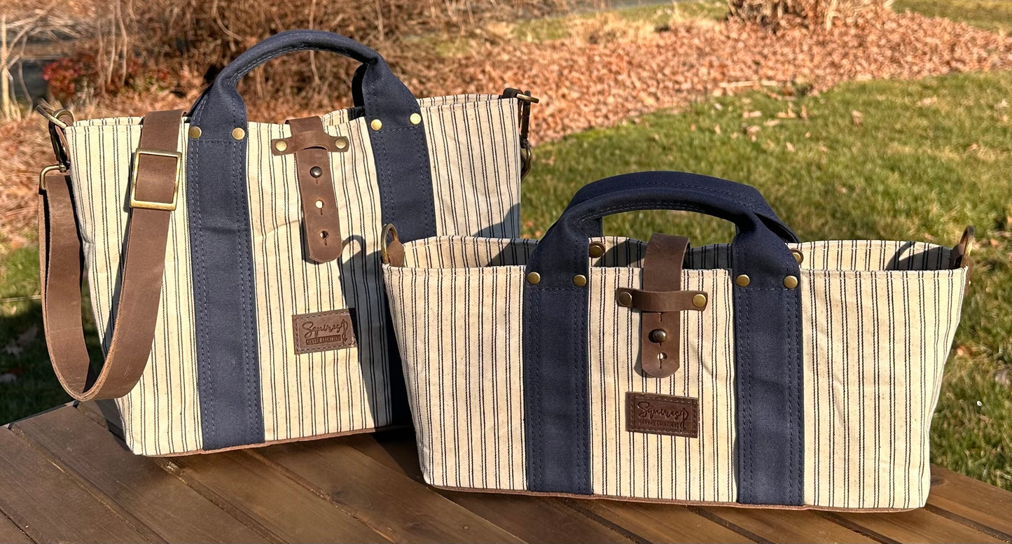 Navy Stripe Waxed Canvas and Crazy Horse Tan Leather with Antique Brass Hardware Waterman Tote squirescanvascreations.com