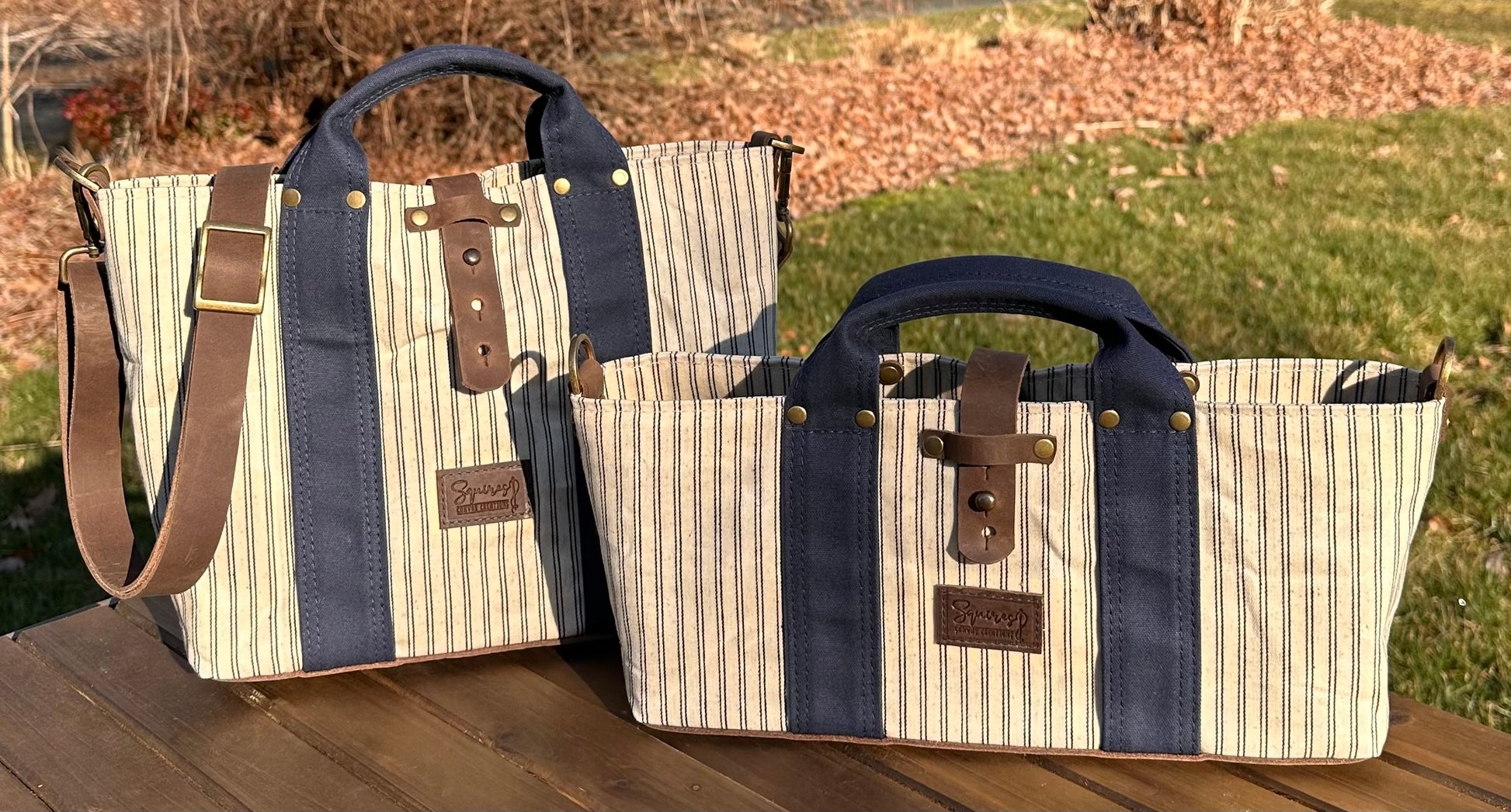 Navy Stripe Waxed Canvas and Crazy Horse Tan Leather with Antique Brass Hardware Waterman Tote squirescanvascreations.com