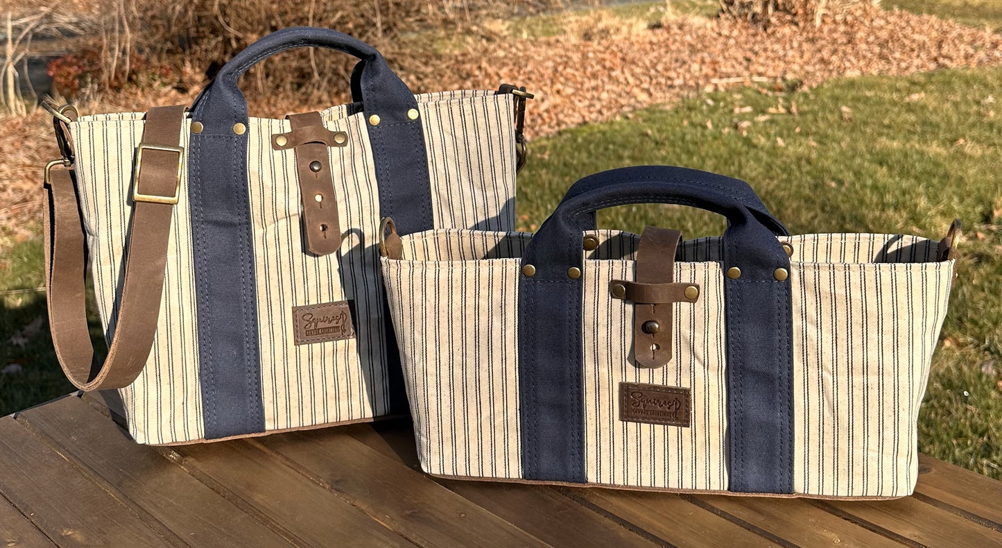 Navy Stripe Waxed Canvas and Crazy Horse Tan Leather with Antique Brass Hardware Waterman Tote squirescanvascreations.com