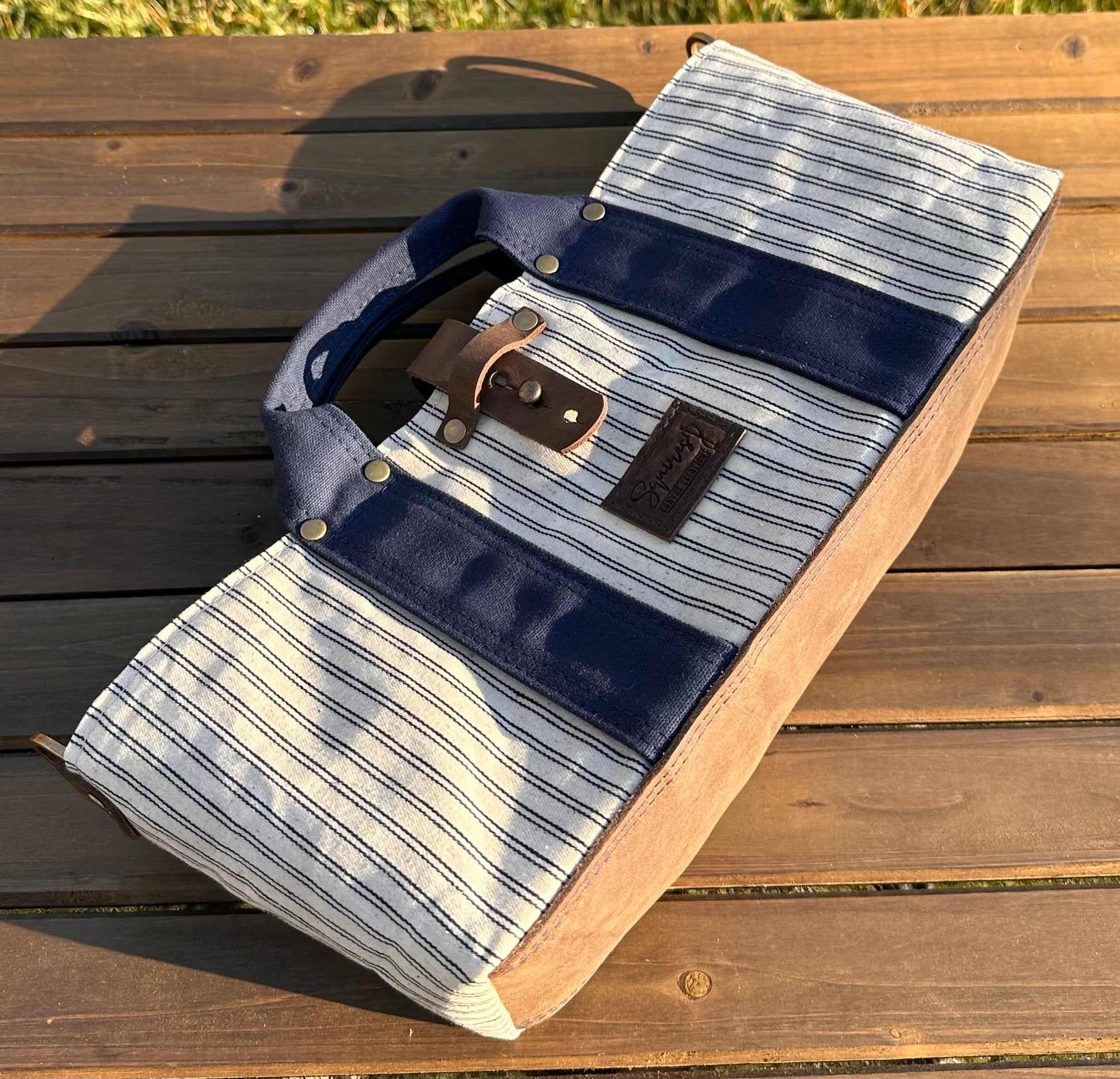 Navy Stripe Waxed Canvas and Crazy Horse Tan Leather with Antique Brass Hardware Waterman Tote squirescanvascreations.com